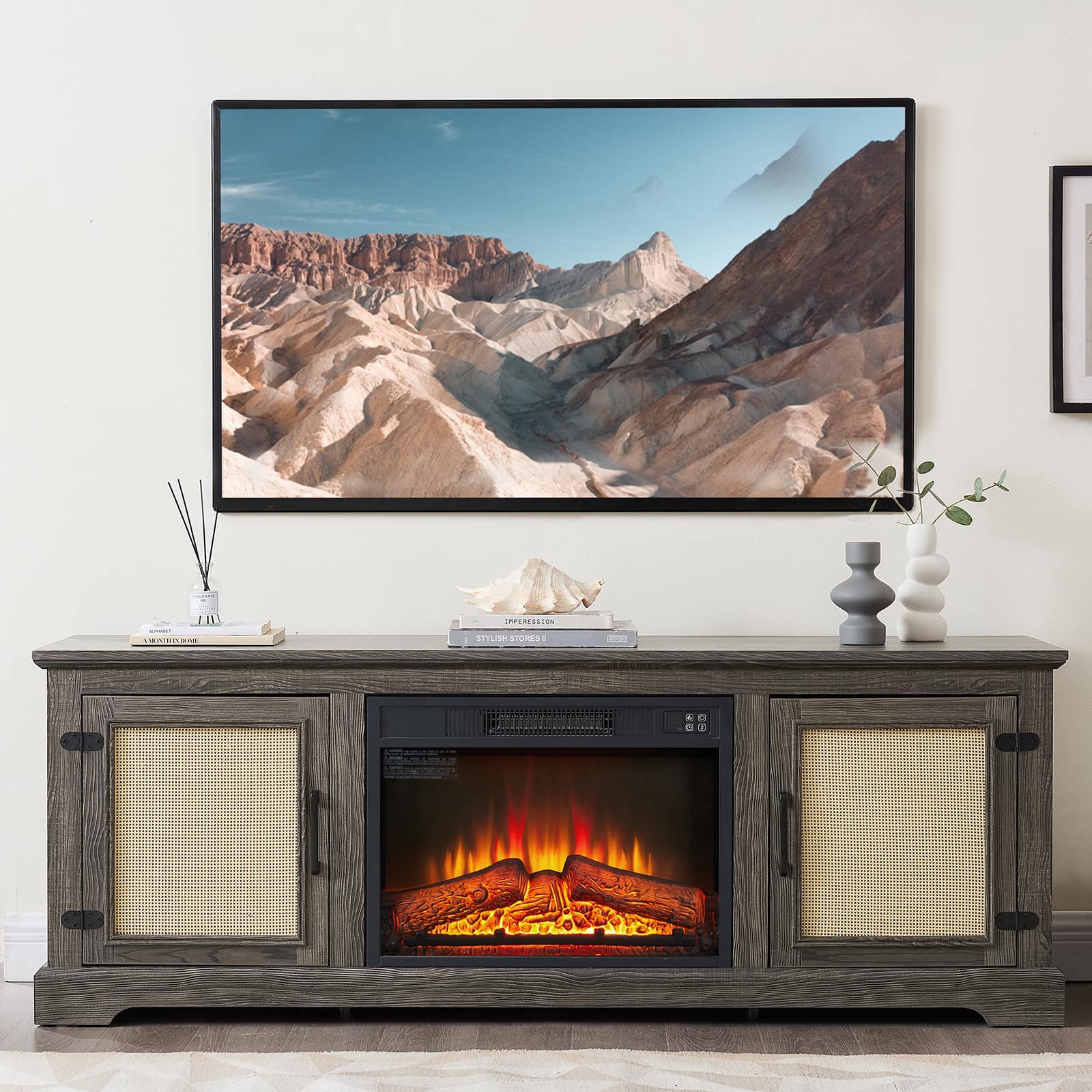 Chateau Abodes - 65" Farmhouse TV Stand with Natural Rattan Doors, Adjustable Wood Shelf & 23" Fireplace Insert for up to 70" TVs - Gray