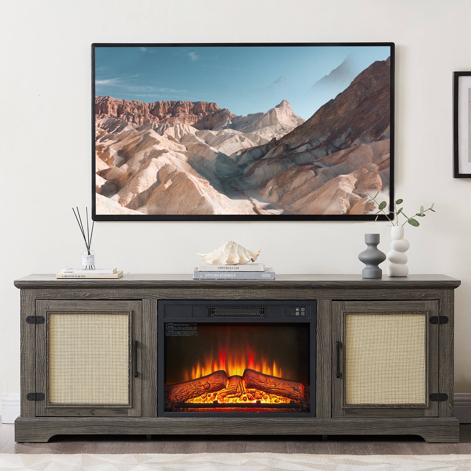 Chateau Abodes - 65" Farmhouse TV Stand with Natural Rattan Doors, Adjustable Wood Shelf & 23" Fireplace Insert for up to 70" TVs - Gray