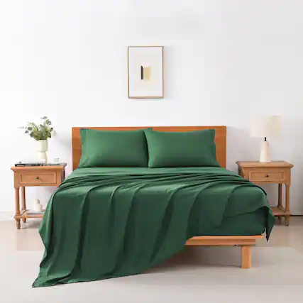 Front. MarCielo - Marcielo 3/4 Pcs Soft Solid & Embroidery Bed Sheets Set - Dark Green.