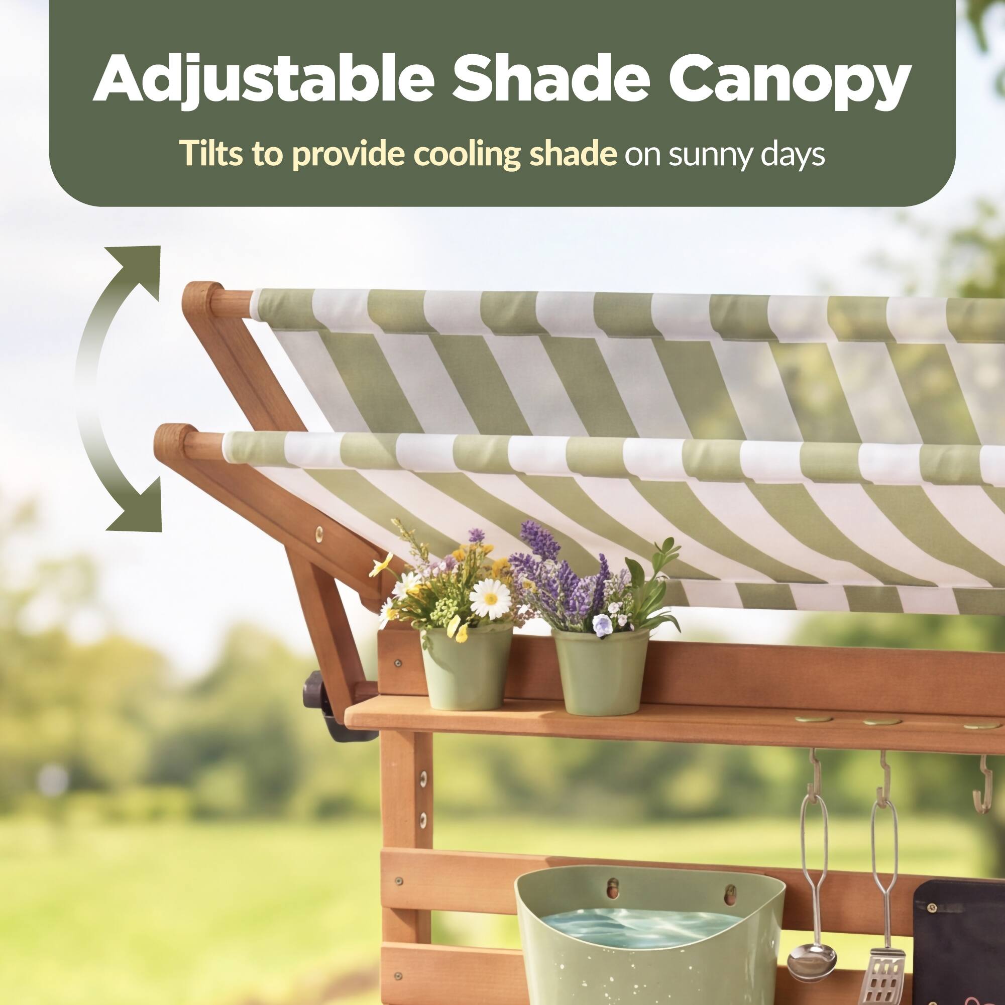 Adjustable Shade Canopy  
Tilts to provide cooling shade on sunny days