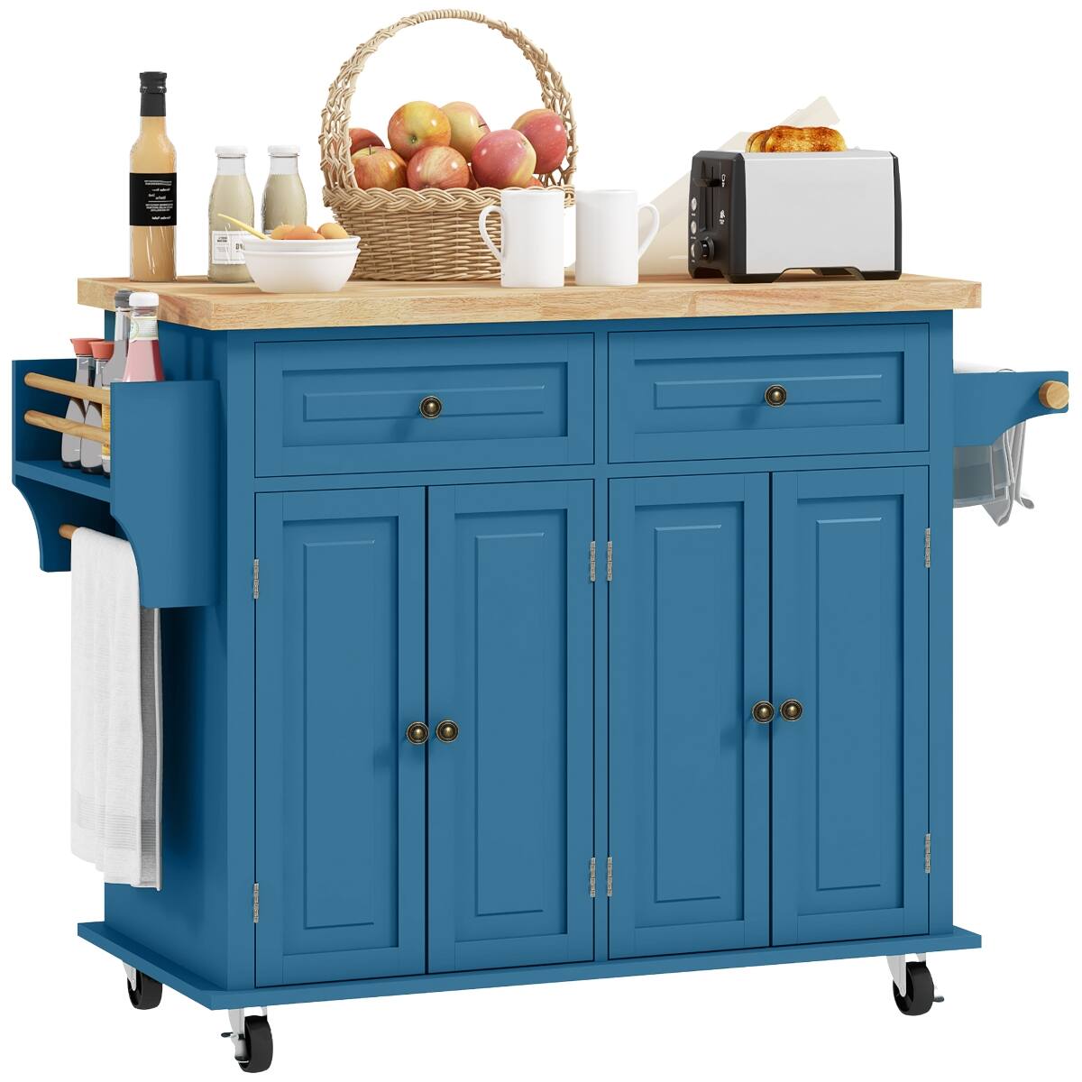 Front. Loheer - Loheer Turquoise Kitchen Island Cart Mobile Kitchen Island on Wheels with Solid Wood Top - Turquoise Blue.