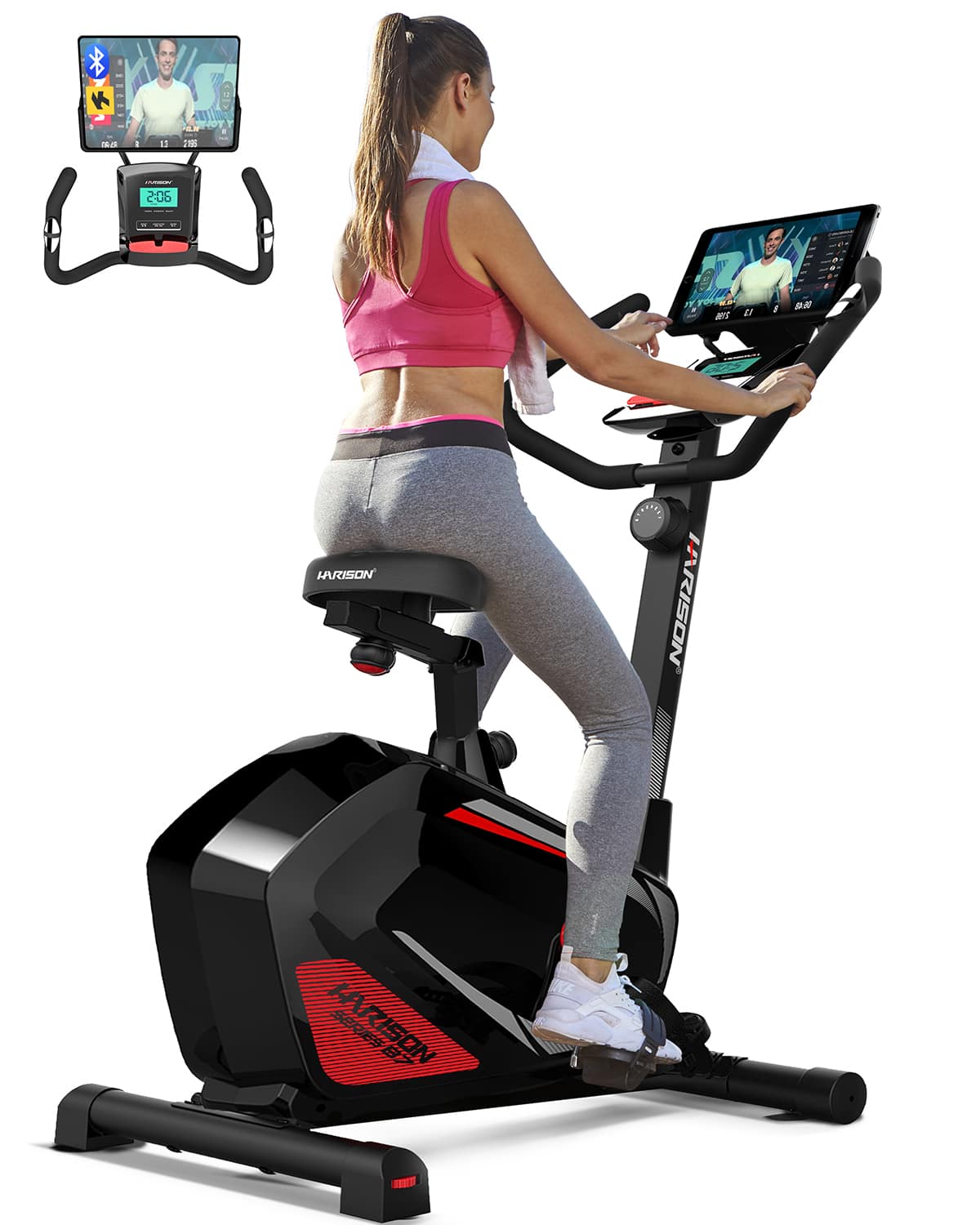 HARISON - Upright Exercise Bike for Home, Magnetic Stationary Bike with Bluetooth, LCD Monitor & 350 LB Capacity (BBB7) - Black