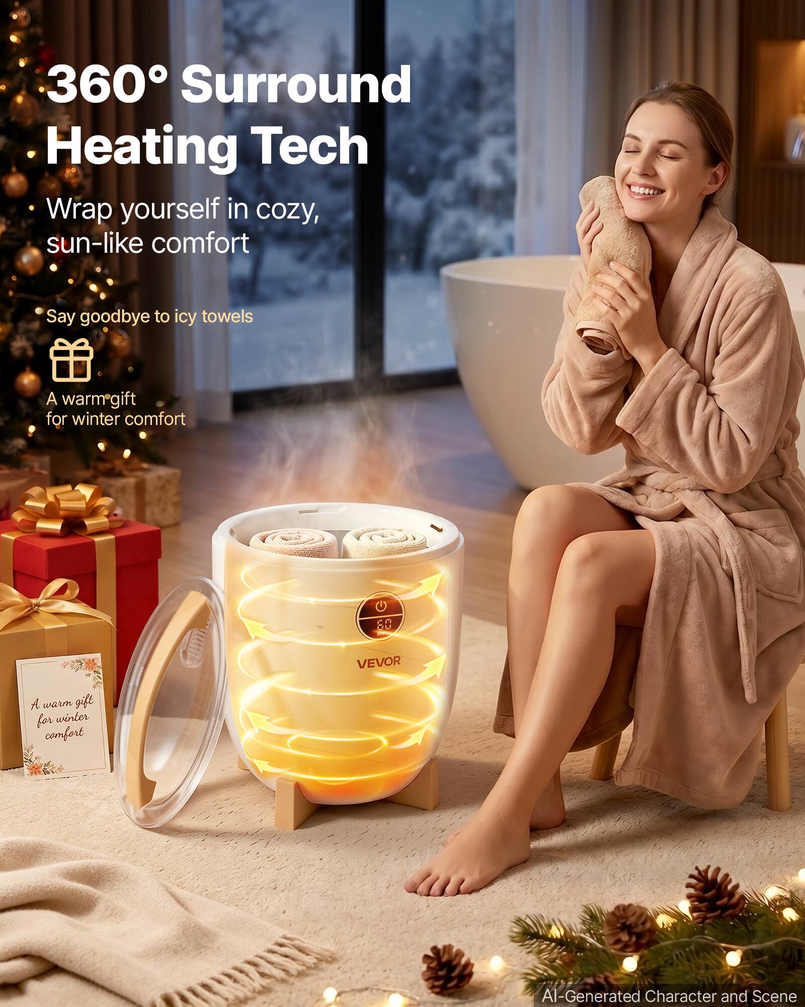 360° Surround Heating Tech  
Wrap yourself in cozy, sun-like comfort  
Say goodbye to icy towels  
A warm gift for winter comfort  
VEVOR  
AI-Generated Character and Scene
