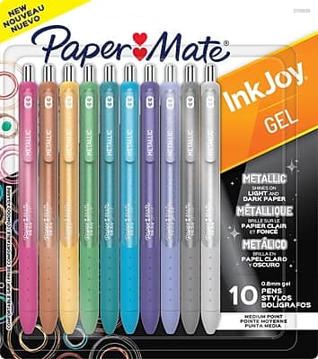 **Paper Mate InkJoy GEL**

**NEW NOUVEAU NUEVO**

**METALLIC SHINES ON LIGHT AND DARK PAPER**
**METALLIQUE BRILLE SUR LE PAPIER CLAIR ET FONCÉ**
**METÁLICO BRILLA EN PAPEL CLARO Y OSCURO**

**0.7mm**

**10 BOLÍGRAFOS STYLOS PUNTAS MOYENNE POINTES MOYENNES PUNTAS MEDIAS**

**METALLIC METALLIC METALLIC METALLIC METALLIC METALLIC METALLIC METALLIC METALLIC METALLIC**