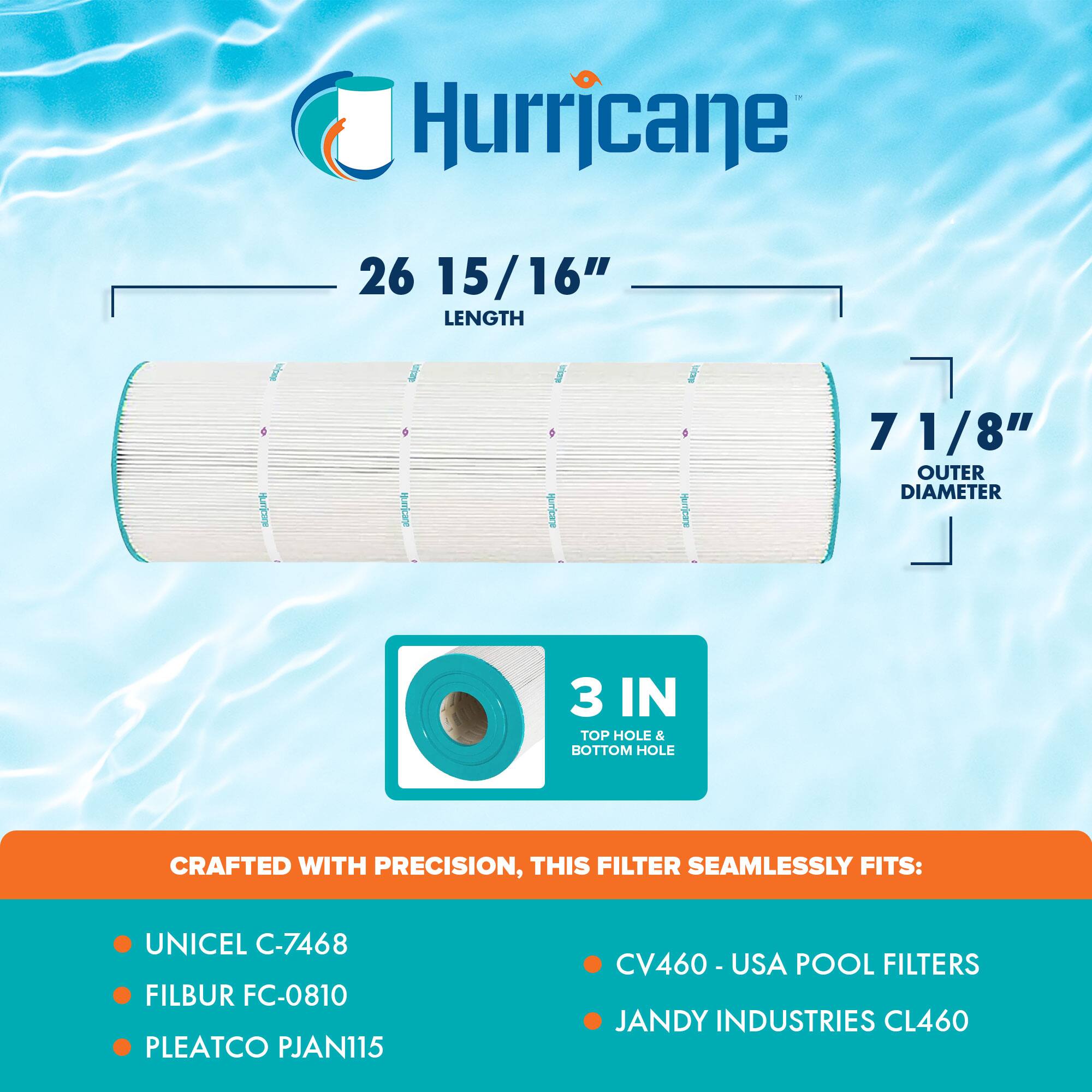 Hurricane 26 15/16" LENGTH 7 1/8" OUTER DIAMETER 3 IN TOP HOLE & BOTTOM HOLE CRAFTED WITH PRECISION, THIS FILTER SEAMLESSLY FITS: UNICEL C-7468 FILBUR FC-0810 PLEATCO PJAN115 CV460 - USA POOL FILTERS JANDY INDUSTRIES CL460