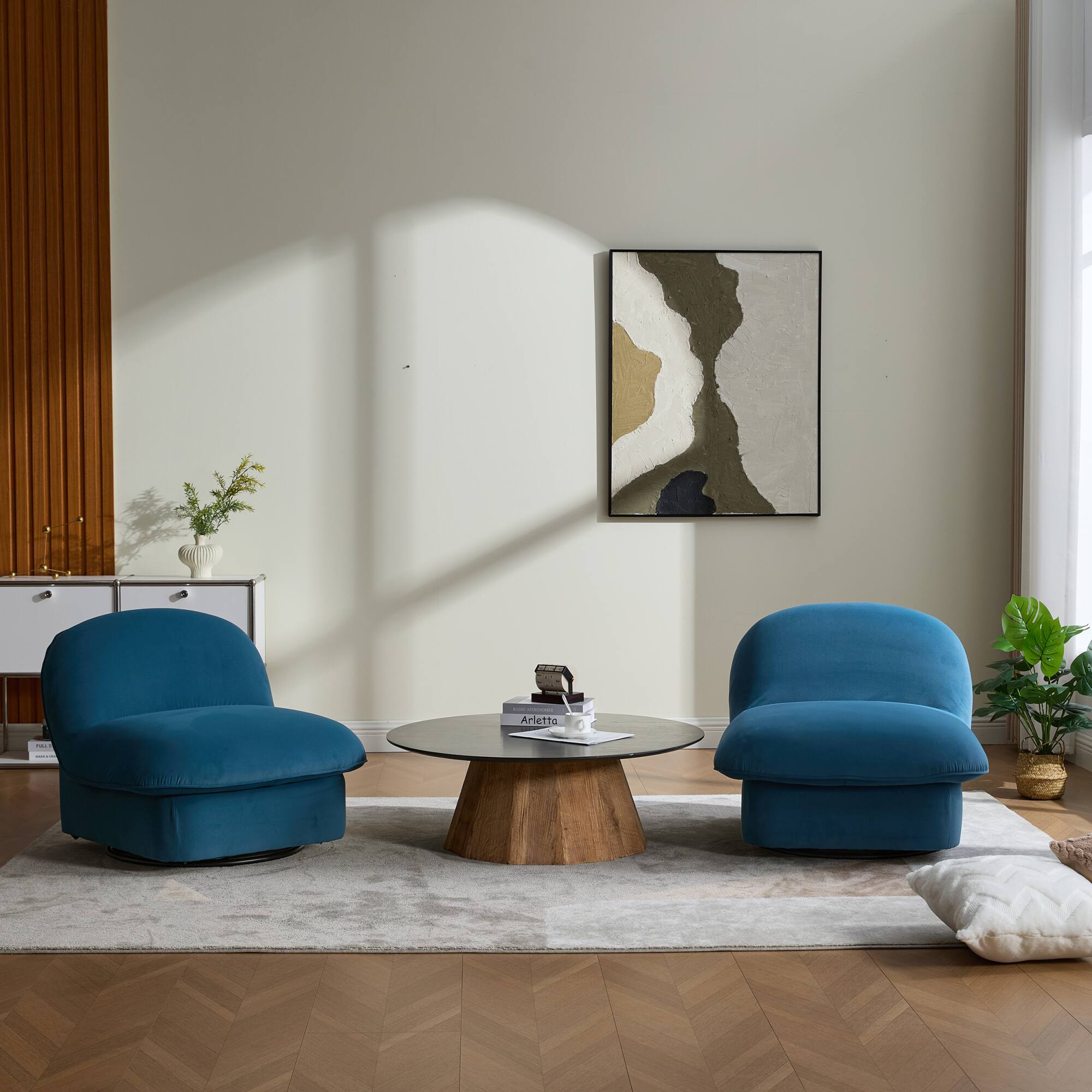 Alt View 8. GOODSILO - Pumpkin-Shaped Velvet Swivel Accent Chair with 360-Degree Rotation for Living Room, Bedroom, or Office - Smoke Blue.