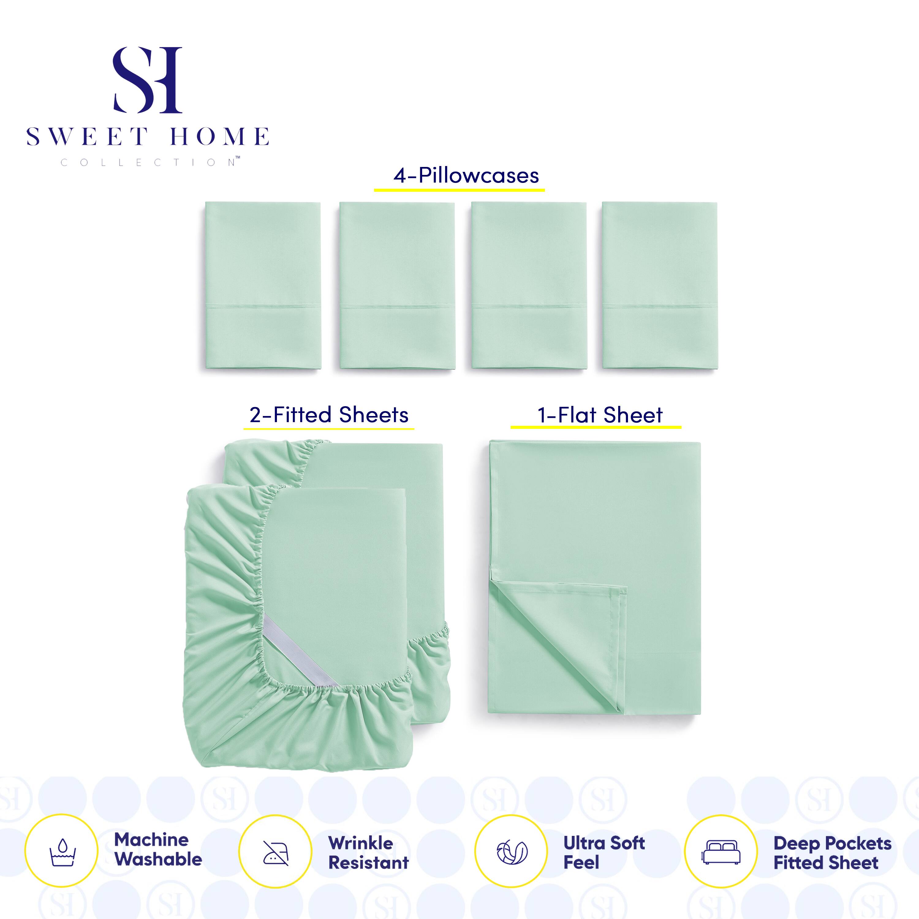 SI SWEET HOME COLLECTION  
4-Pillowcases  
2-Fitted Sheets  
1-Flat Sheet  

SI SI Machine Washable  
SI SI Wrinkle Resistant  
SI SI Ultra Soft Feel  
SI SI Deep Pockets Fitted Sheet