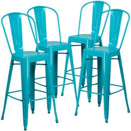 Emma + Oliver - Commercial Grade 4 Pack 30" High Metal Indoor-Outdoor Barstool with Back - Crystal Teal-Blue