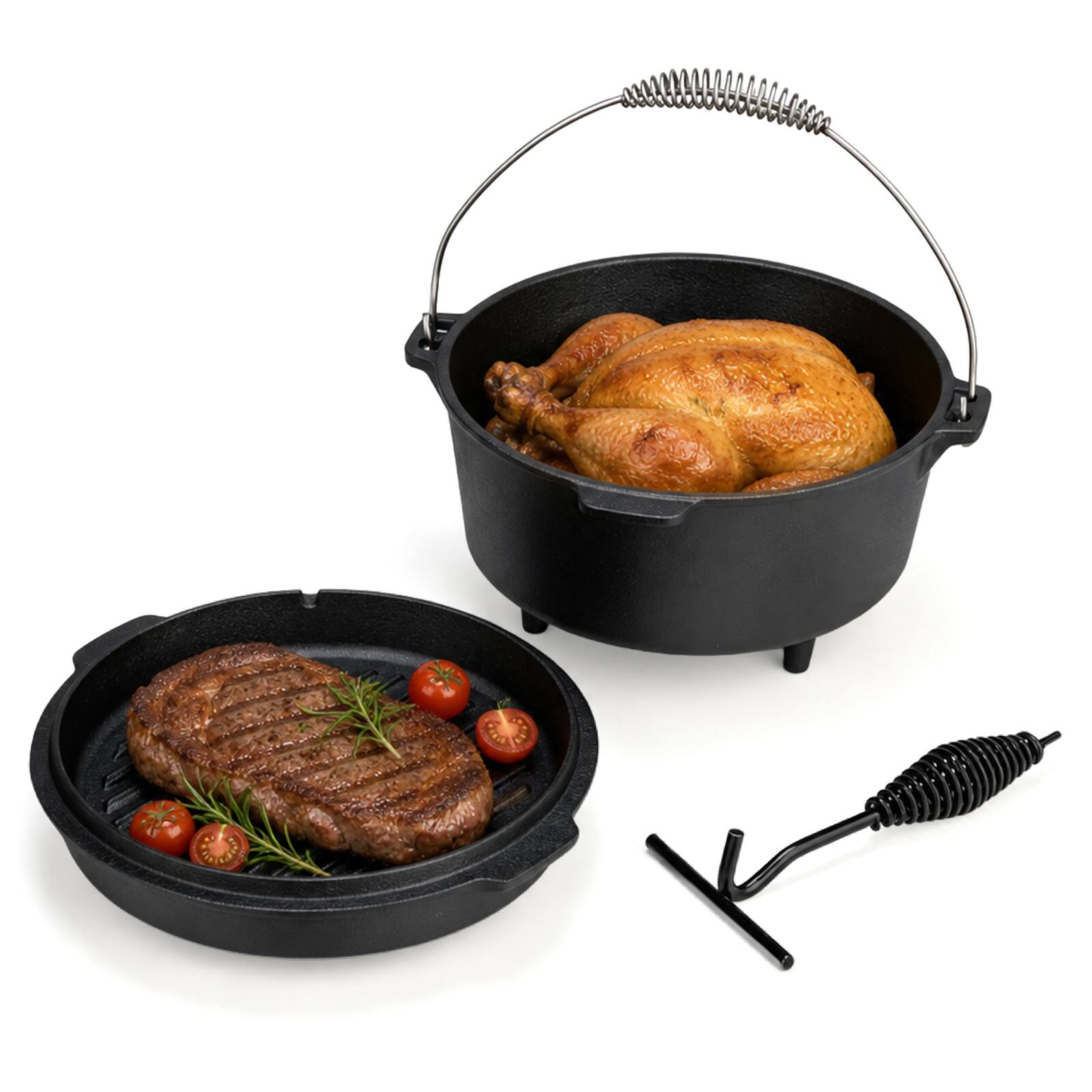 Left. Winado - 7.9 QT Heavy Duty Cast Iron Camping Dutch Oven with 3 Legs and 2-in-1 Skillet Lid for Open Campfire & Coals & Wood Stove - Black.