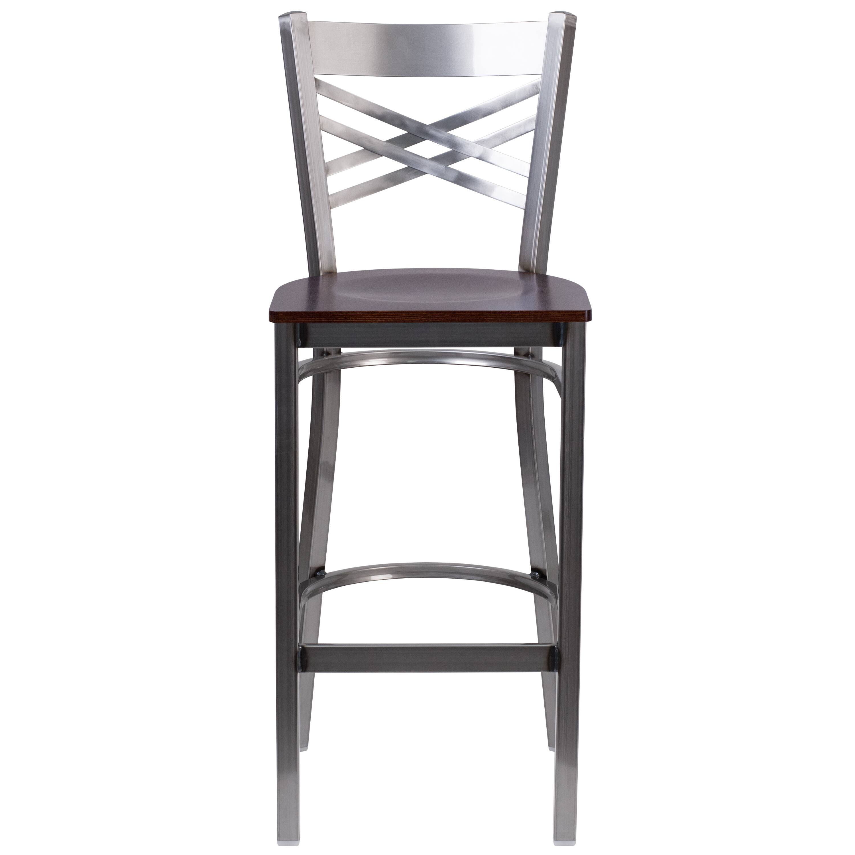 Alt View 5. Emma + Oliver - Clear Coated "X" Back Metal Restaurant Dining Barstool - Walnut Wood Seat/Clear Coated Metal Frame.