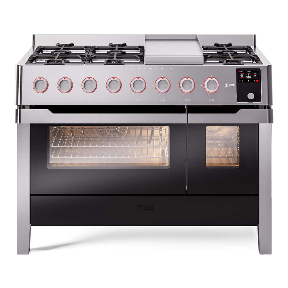 ILVE - Panoramagic 48 inch Dual Fuel Range with 8 Burners + Griddle (Liquid Propane, Stainless Steel, Satin Trim) - Stainless Steel