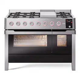 ILVE - Panoramagic Series 48 in. Dual Fuel Range with 6 Sealed Burners + Griddle (Natural Gas, Satin Trim) - Stainless Steel