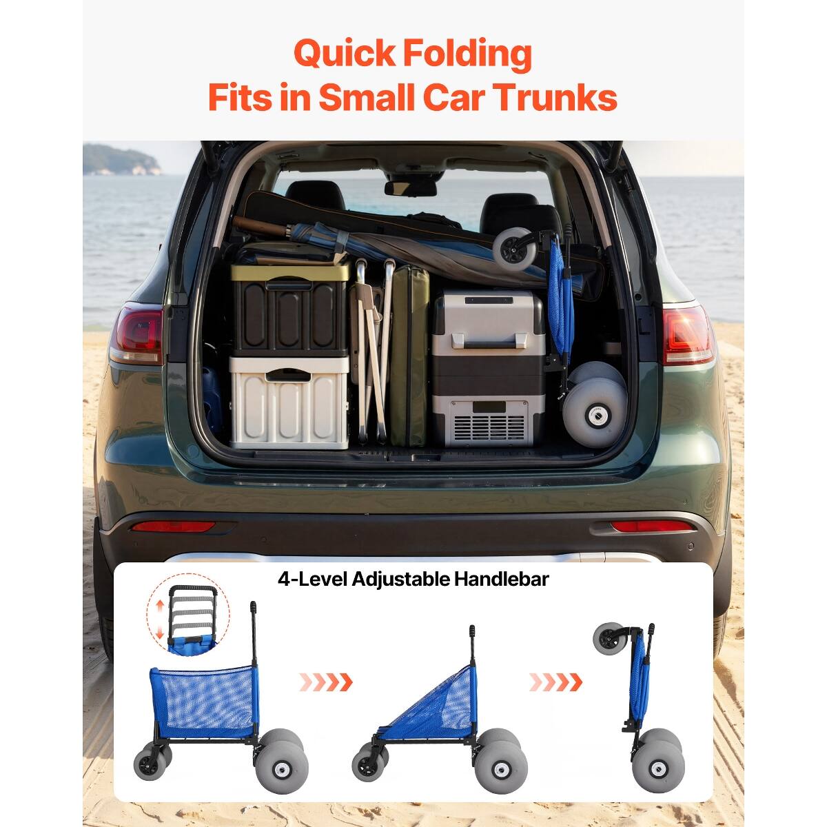 Quick Folding Fits in Small Car Trunks

4-Level Adjustable Handlebar