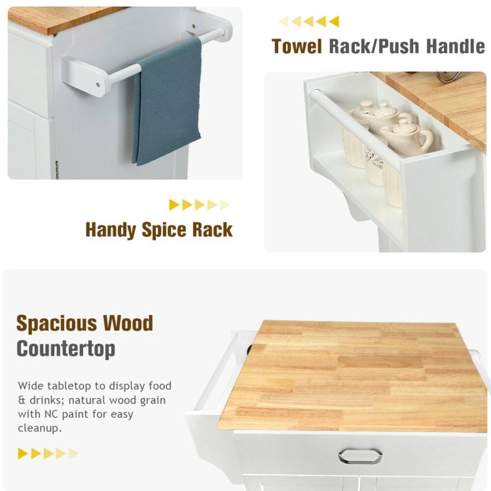 - Towel Rack/Push Handle
- Handy Spice Rack
- Spacious Wood Countertop

Wide tabletop to display food & drinks; natural wood grain with NC paint for easy cleanup.
