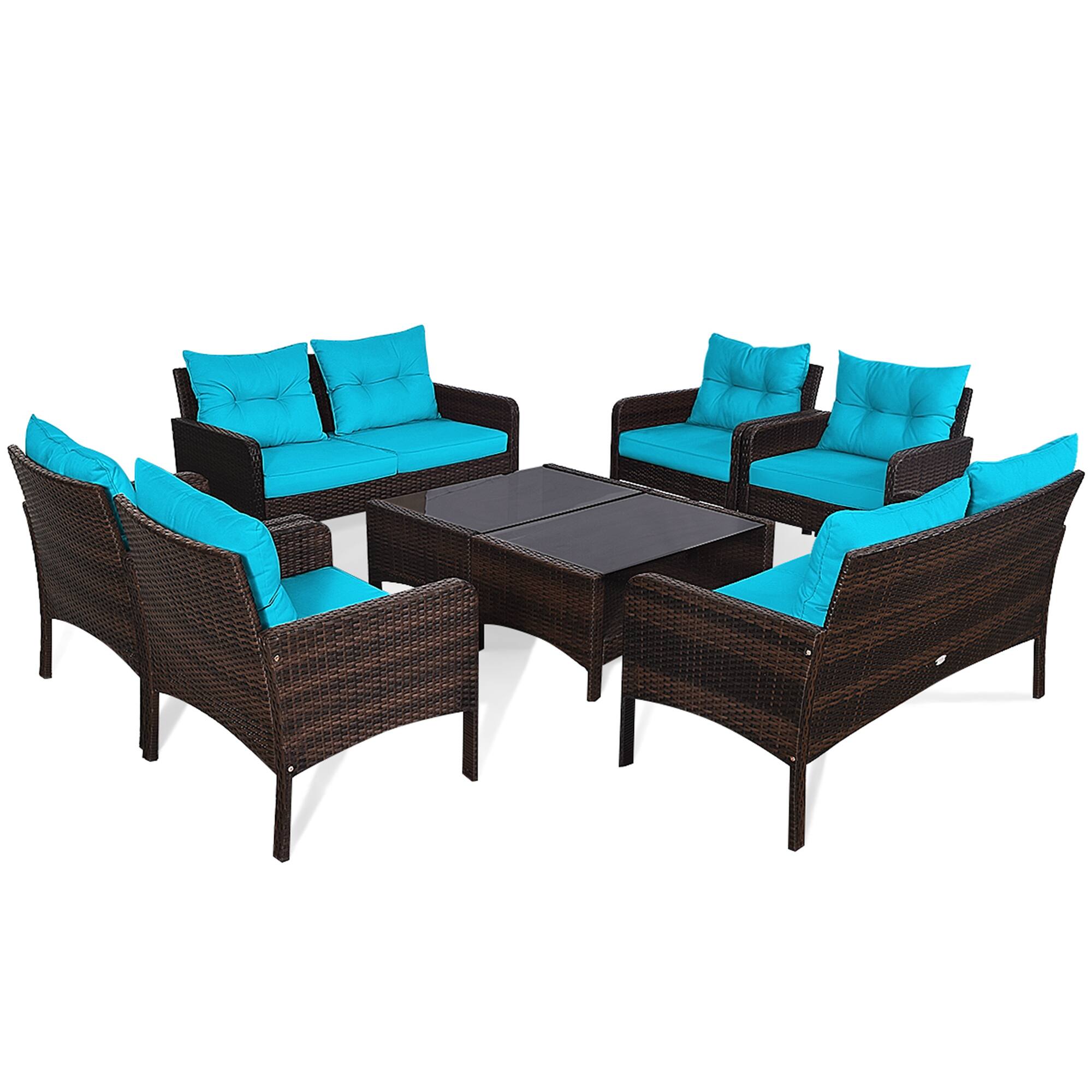 Alt View 3. Gymax - Gymax 8PCS Rattan Patio Conversation Set Outdoor Furniture Set Cushioned - Turquoise.