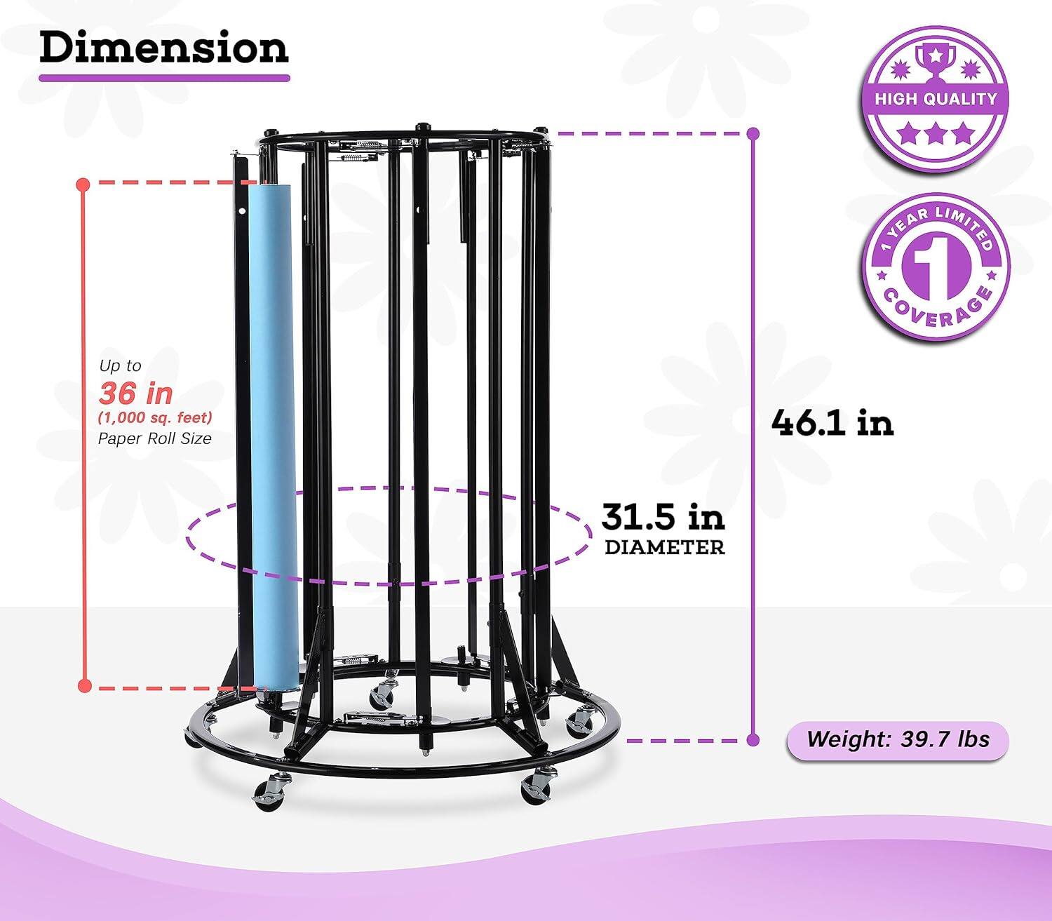 Dimension: Up to 36 in (1,000 sq. feet) Paper Roll Size, 46.1 in, 31.5 in DIAMETER, Weight: 39.7 lbs

HIGH QUALITY
YEAR LIMITED 1 YEAR COVERAGE