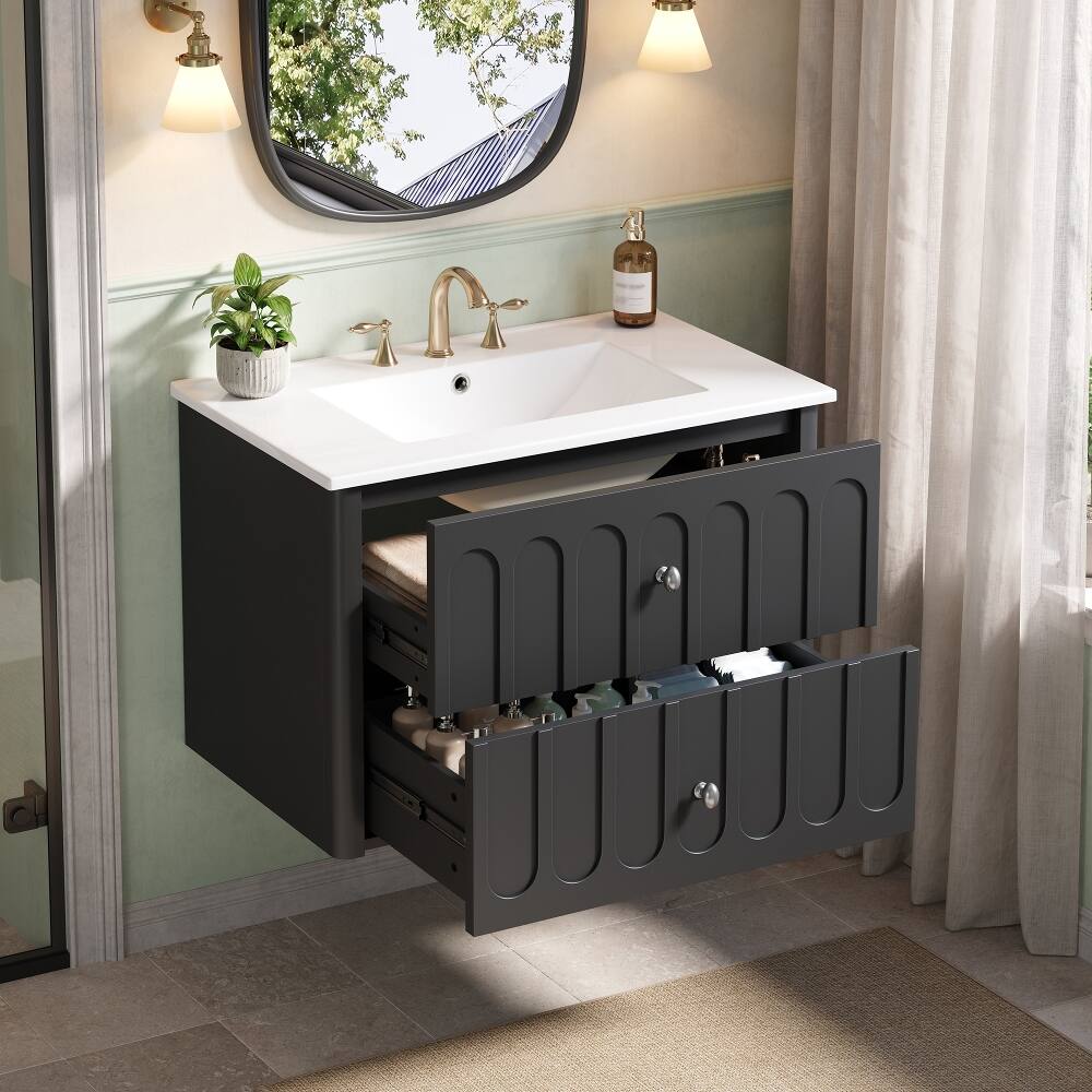 Back. Loheer - Loheer 30 inch floating bathroom vanity Black with Ceramic Sink - Black.