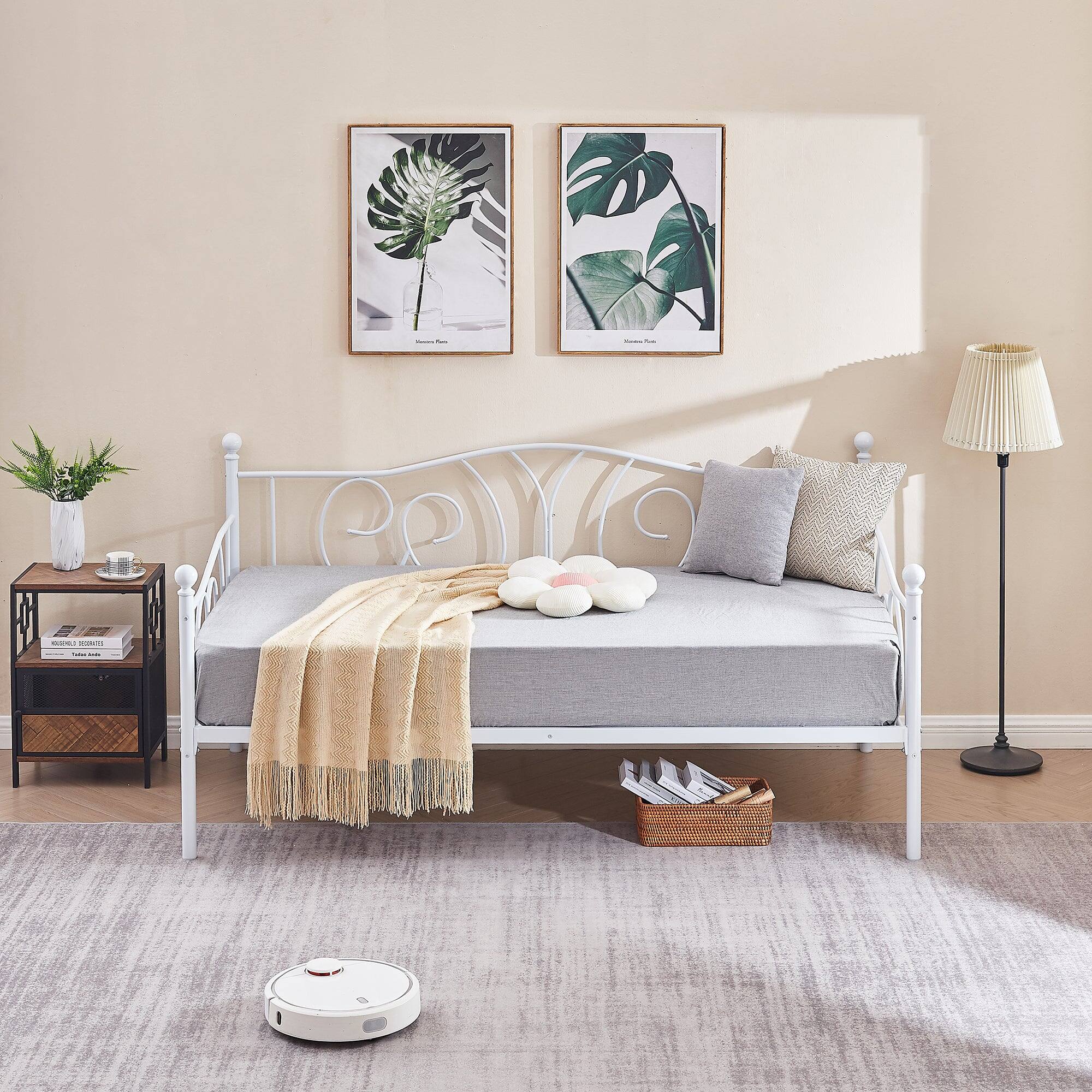 Alt View 2. Vecelo - Twin Metal Daybed Frame with Storage Space – Sturdy Modern Sofa Bed Frame for Guest Room or Living Room - white.