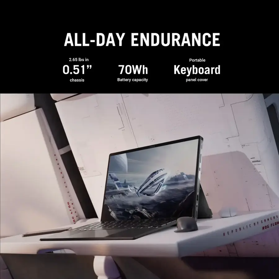 All-Day Endurance: 2.65 lbs in 0.51" chassis, 70Wh Battery capacity, Portable Keyboard panel cover.