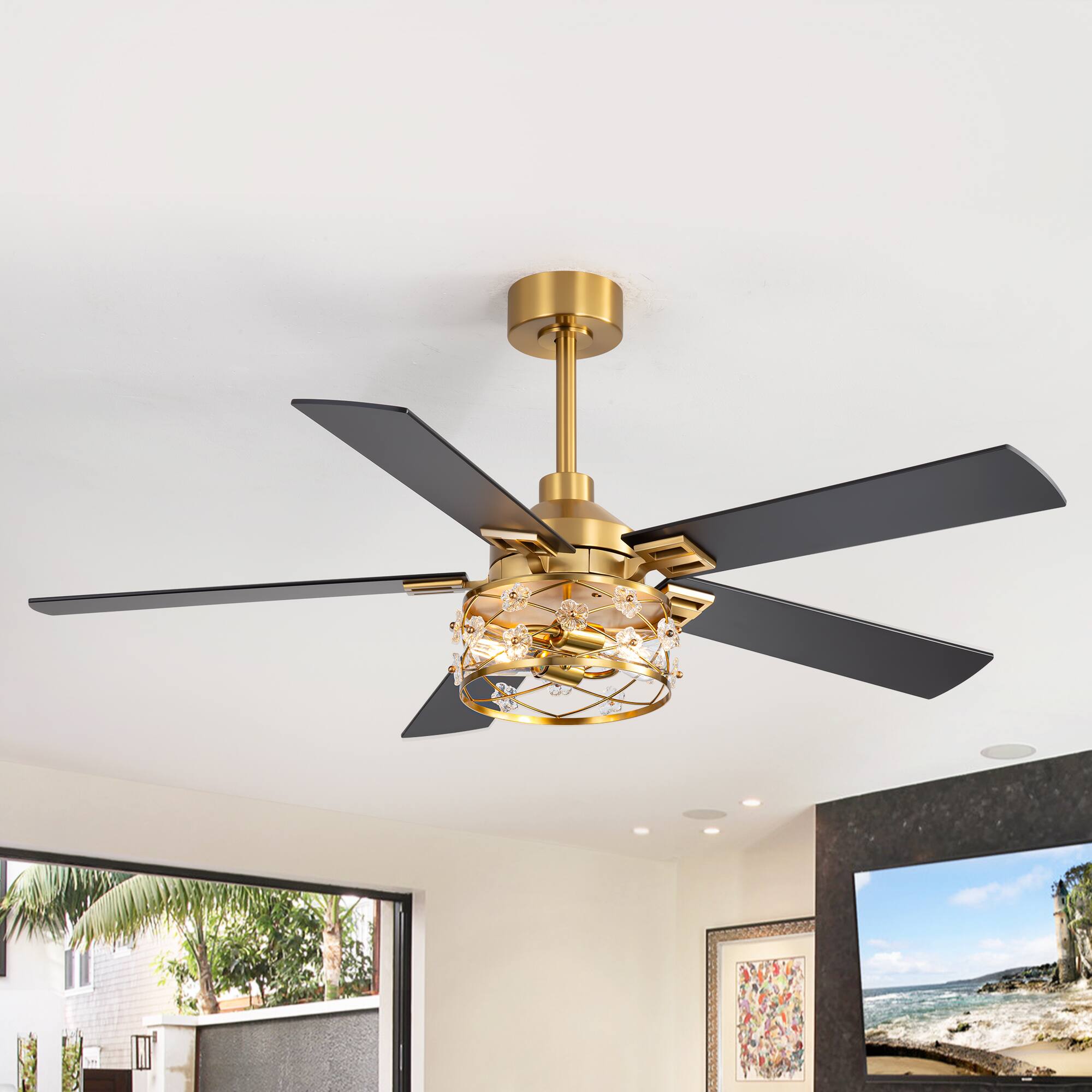 Left. Breezary - 52-Inch Indoor Ceiling Fan with Light Kit, 5 Plywood Dual-Finish Blades, DC Motor, 5/10'' Downrods, Remote, Glass Shade - Electroplated Gold with Black and Deep Red Walnut.