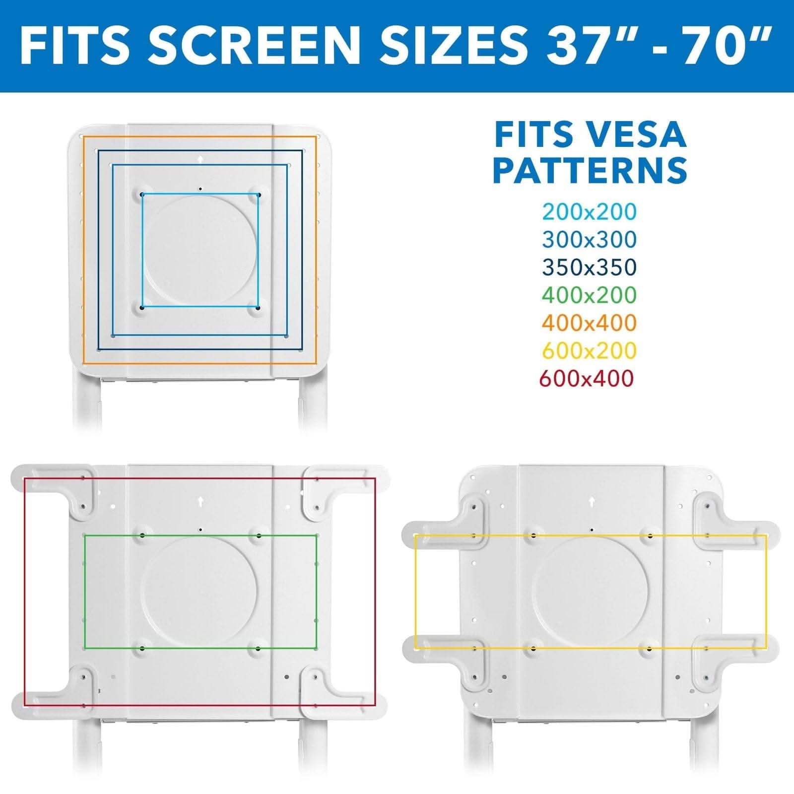 FITS SCREEN SIZES 37" - 70"

FITS VESA PATTERNS
200x200
300x300
350x350
400x200
400x400
600x200
600x400