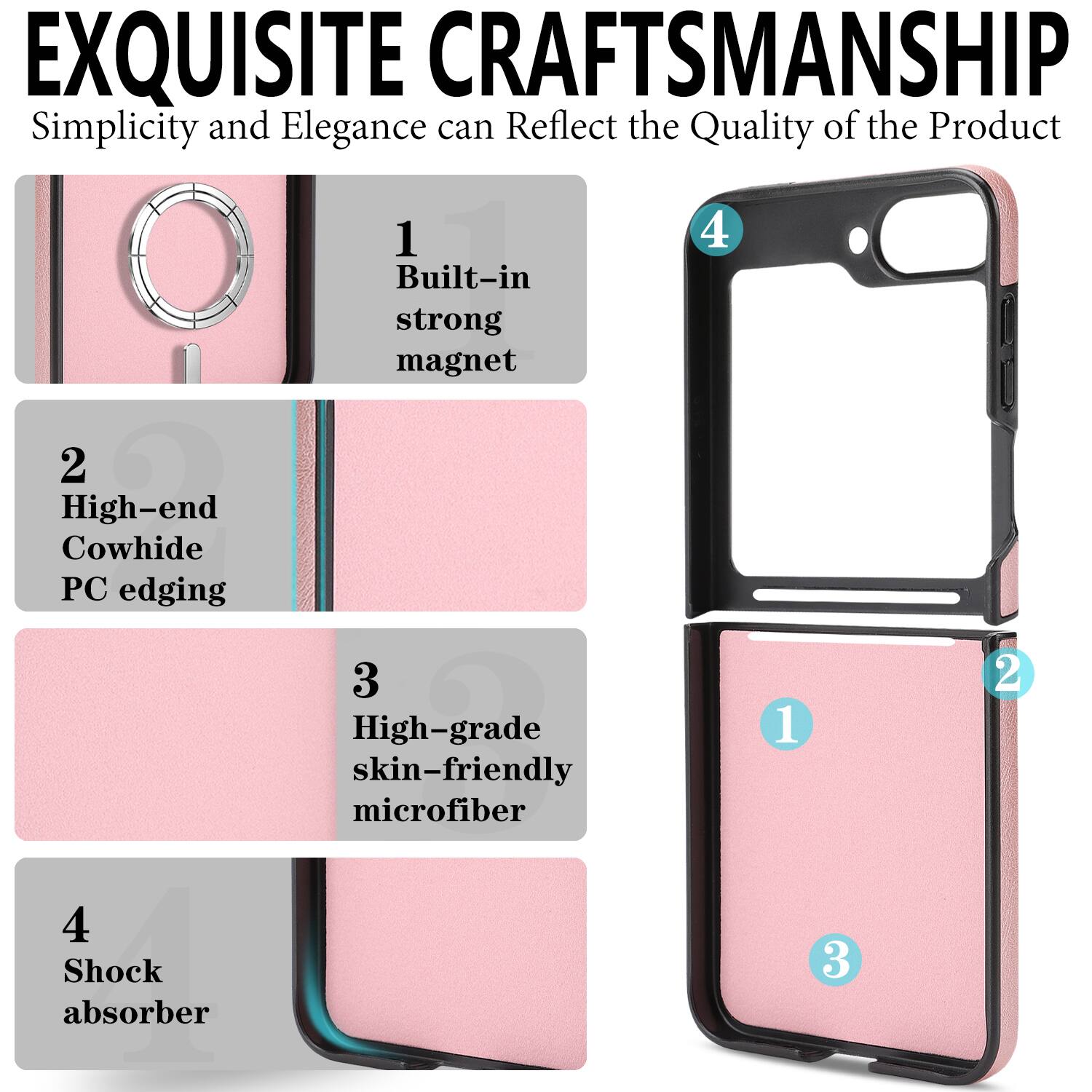 EXQUISITE CRAFTSMANSHIP  
Simplicity and Elegance can Reflect the Quality of the Product

1. Built-in strong magnet  
2. High-end Cowhide PC edging  
3. High-grade skin-friendly microfiber  
4. Shock absorber