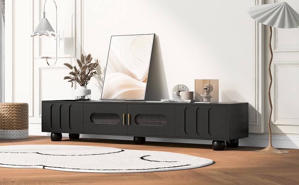 Left. Bestier - Bestier 71" Modern TV Stand for TVs up to 80" with Glass Door,Storage Cabinet with 2 Drawers Cable Hole for Living room - Black.