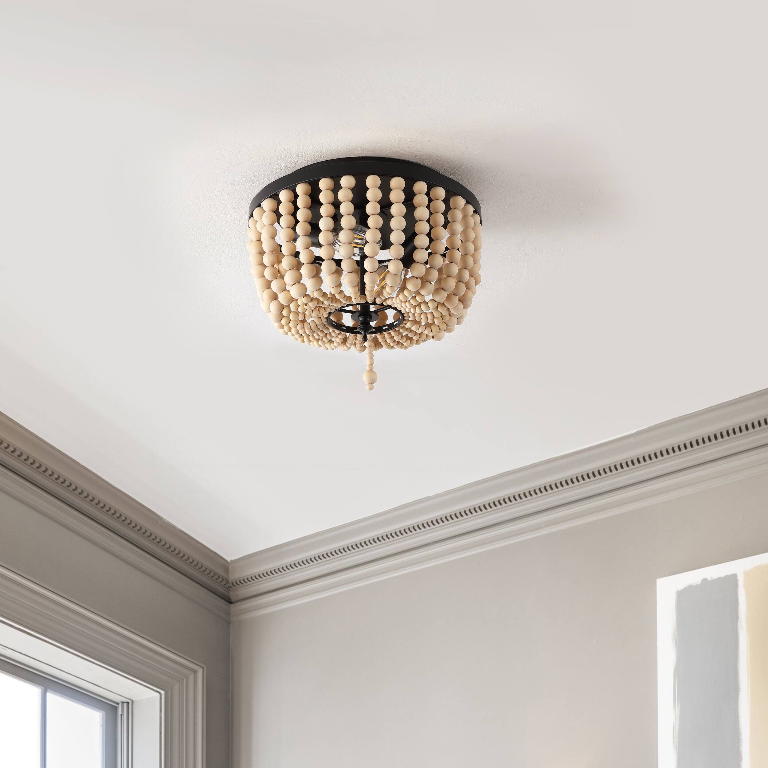 Alt View 5. Jonathan Y - Allison 10" 2-Light Shabby Chic Farmhouse Wood Beaded/Metal LED Flush Mount, Black/Cream - Black/Cream.