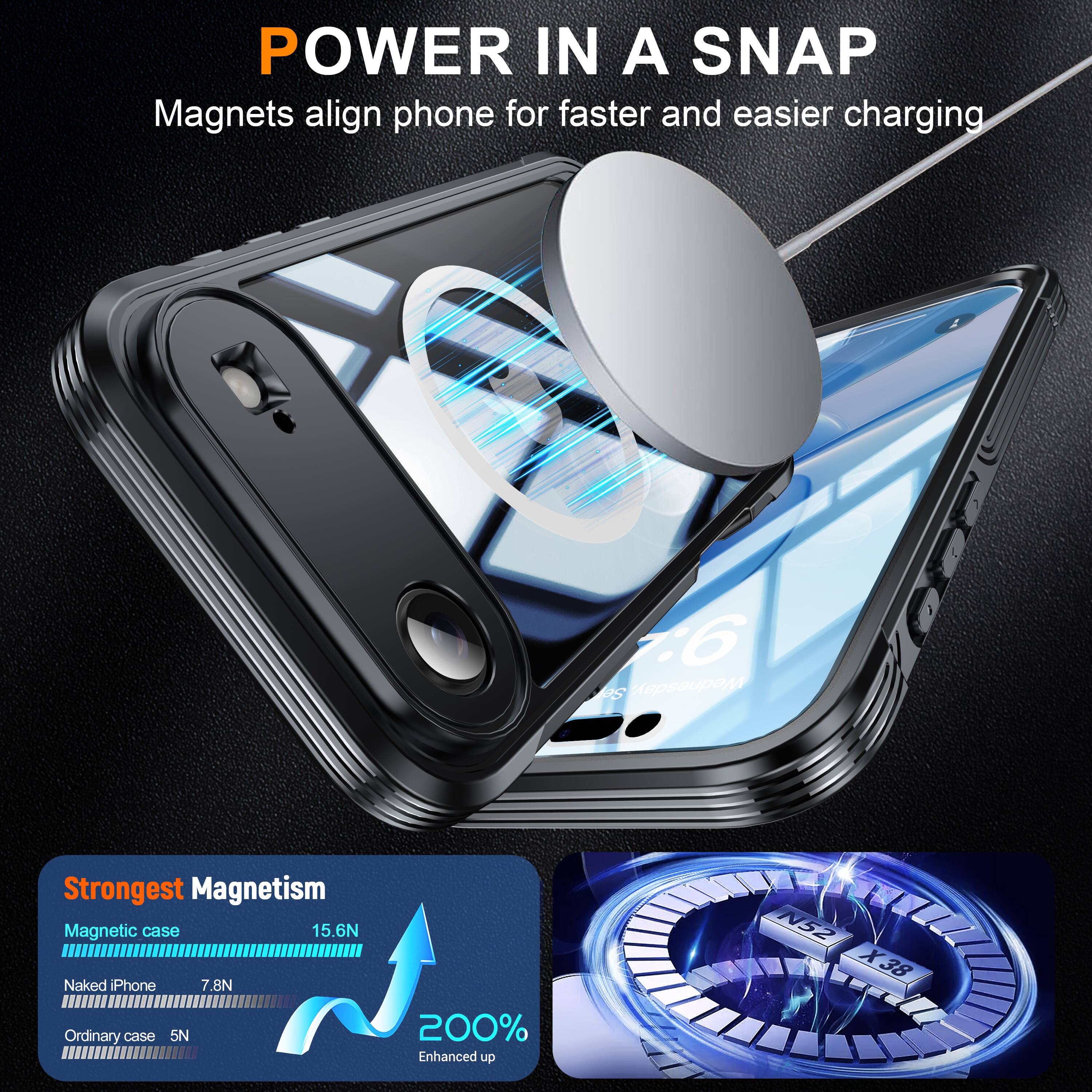 POWER IN A SNAP  
Magnets align phone for faster and easier charging  

Strongest Magnetism  
Magnetic case: 15.6N  
Naked iPhone: 7.8N  
Ordinary case: 5N  

200% Enhanced up  
N52 X38