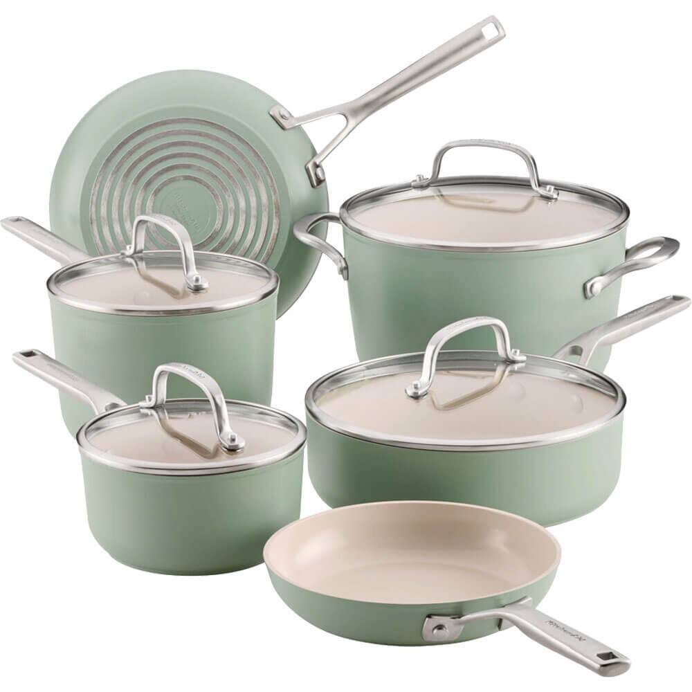 Front. KitchenAid - 10-Pc. Hard Anodized Ceramic Nonstick Cookware Set - Cardamom.