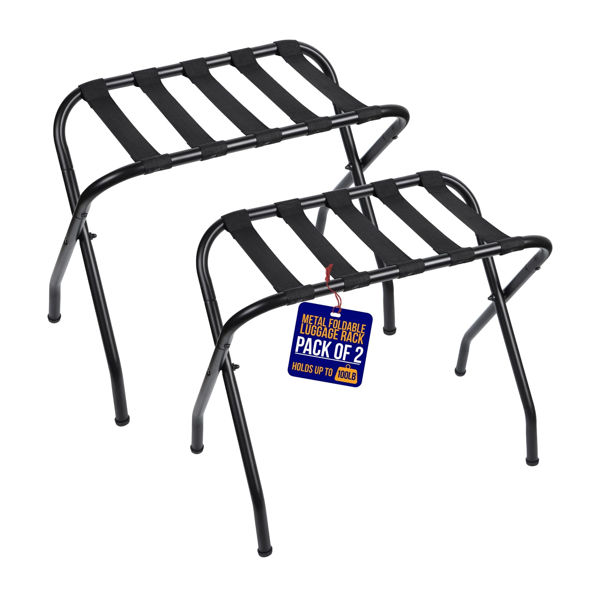 Lifemaster - Foldable Luggage Rack – Steel Frame, Nylon Straps, Holds 100 lbs, Easy Setup, Space-Saving, Pack of 2 - Black