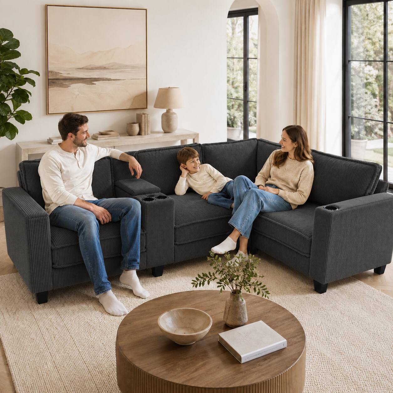 Angle. Anysun - L-Shape 4-Seat Corduroy Sofa with Storage Armrests, Center Console & USB Charging. - Gray.