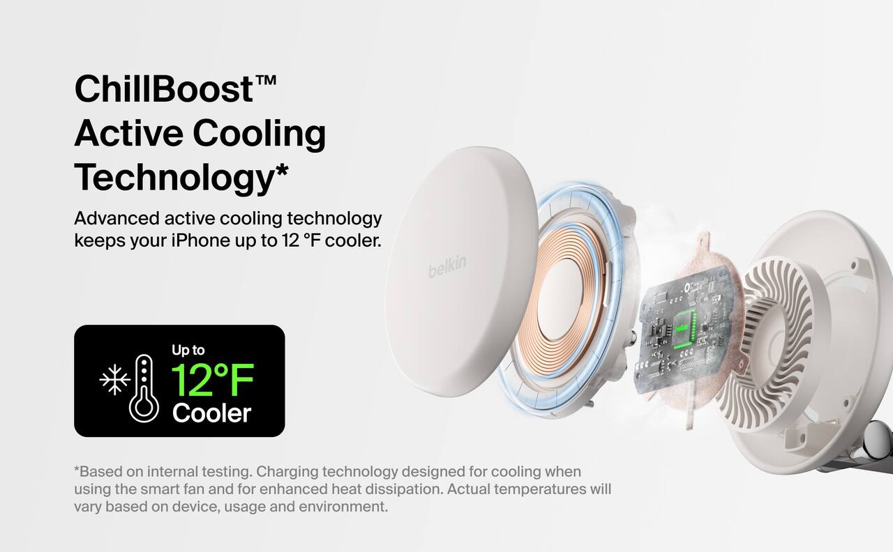 ChillBoost™ Active Cooling Technology*  
Advanced active cooling technology keeps your iPhone up to 12°F cooler.  

belkin  
Up to 12°F Cooler  

*Based on internal testing. Charging technology designed for cooling when using the smart fan and for enhanced heat dissipation. Actual temperatures will vary based on device, usage and environment.
