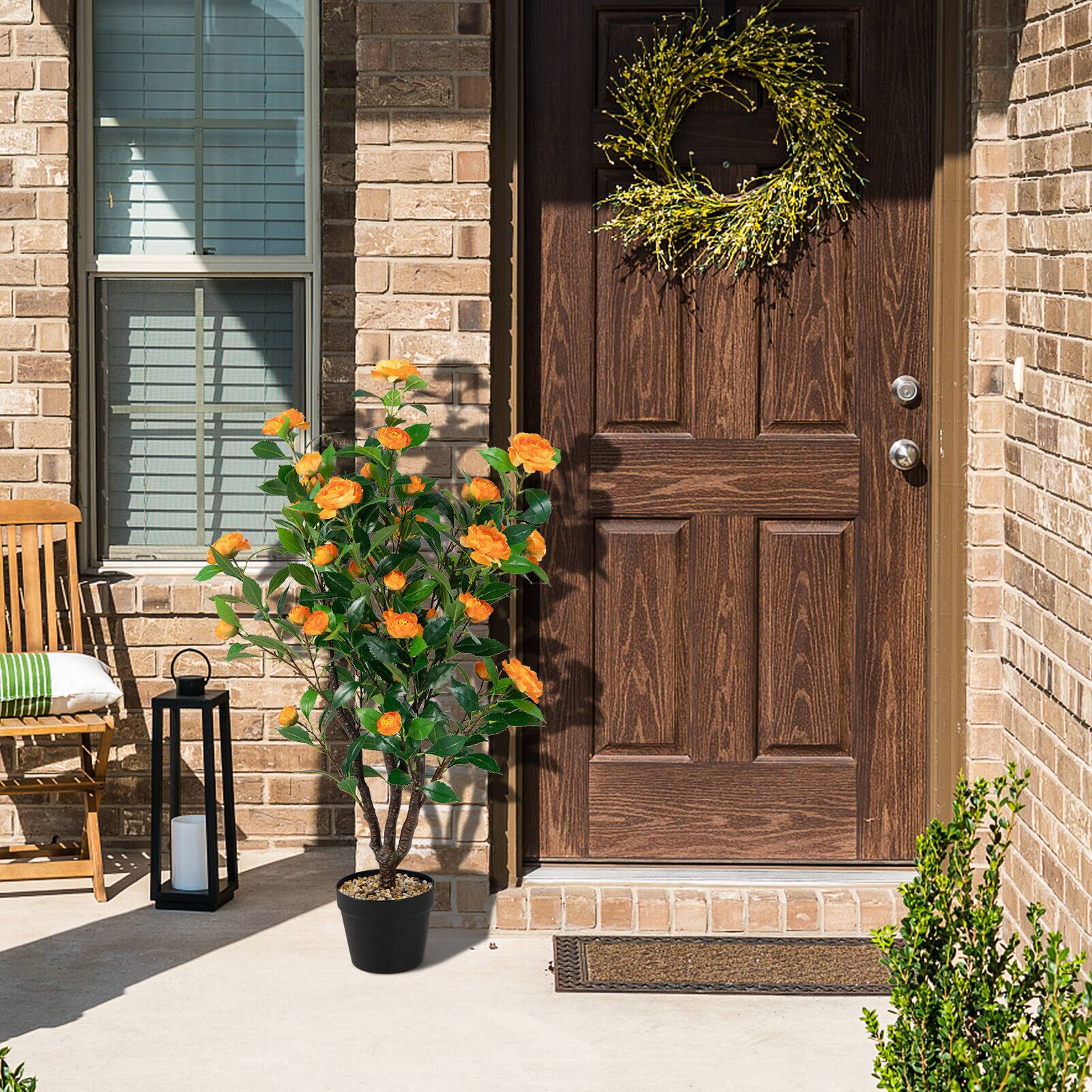 Alt View 1. Costway - Costway 40" Artificial Camellia Tree Faux Flower Plant Artificial Tree in Cement Pot Greenery Potted Plant - Green.