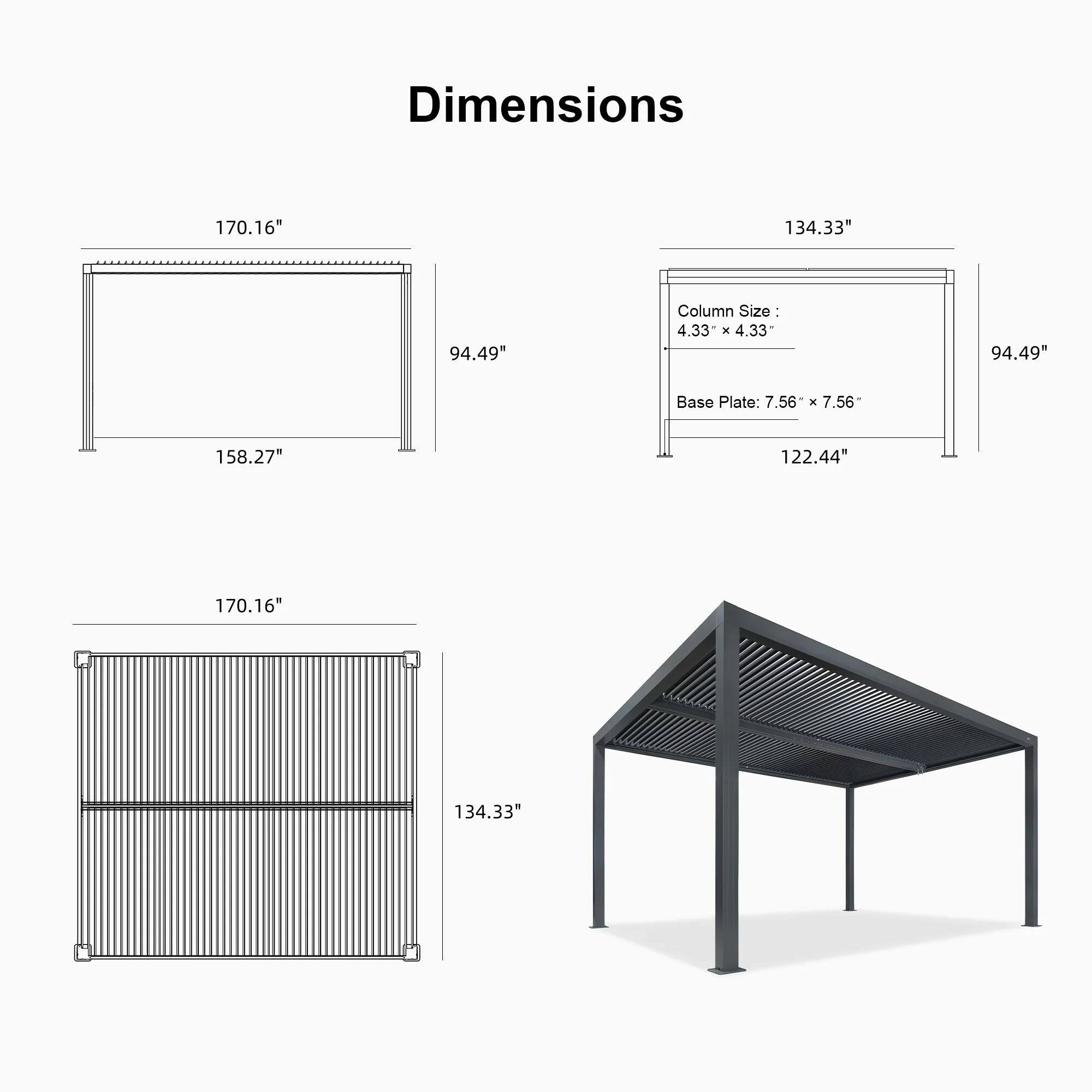Dimensions:  
- 170.16"  
- 134.33"  
- 94.49"  
- 158.27"  
- 122.44"  

Column Size: 4.33" x 4.33"  

Base Plate: 7.56" x 7.56"