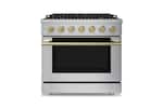 Front. Hauslane - HausPro 36 in. 6 Burners (20,000 BTU) Freestanding Dual Fuel Range - Satin Brass.