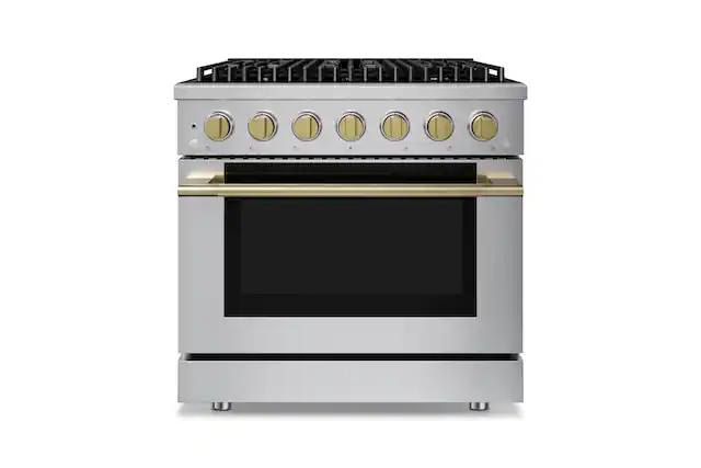 Front. Hauslane - HausPro 36 in. 6 Burners (20,000 BTU) Freestanding Dual Fuel Range - Satin Brass.