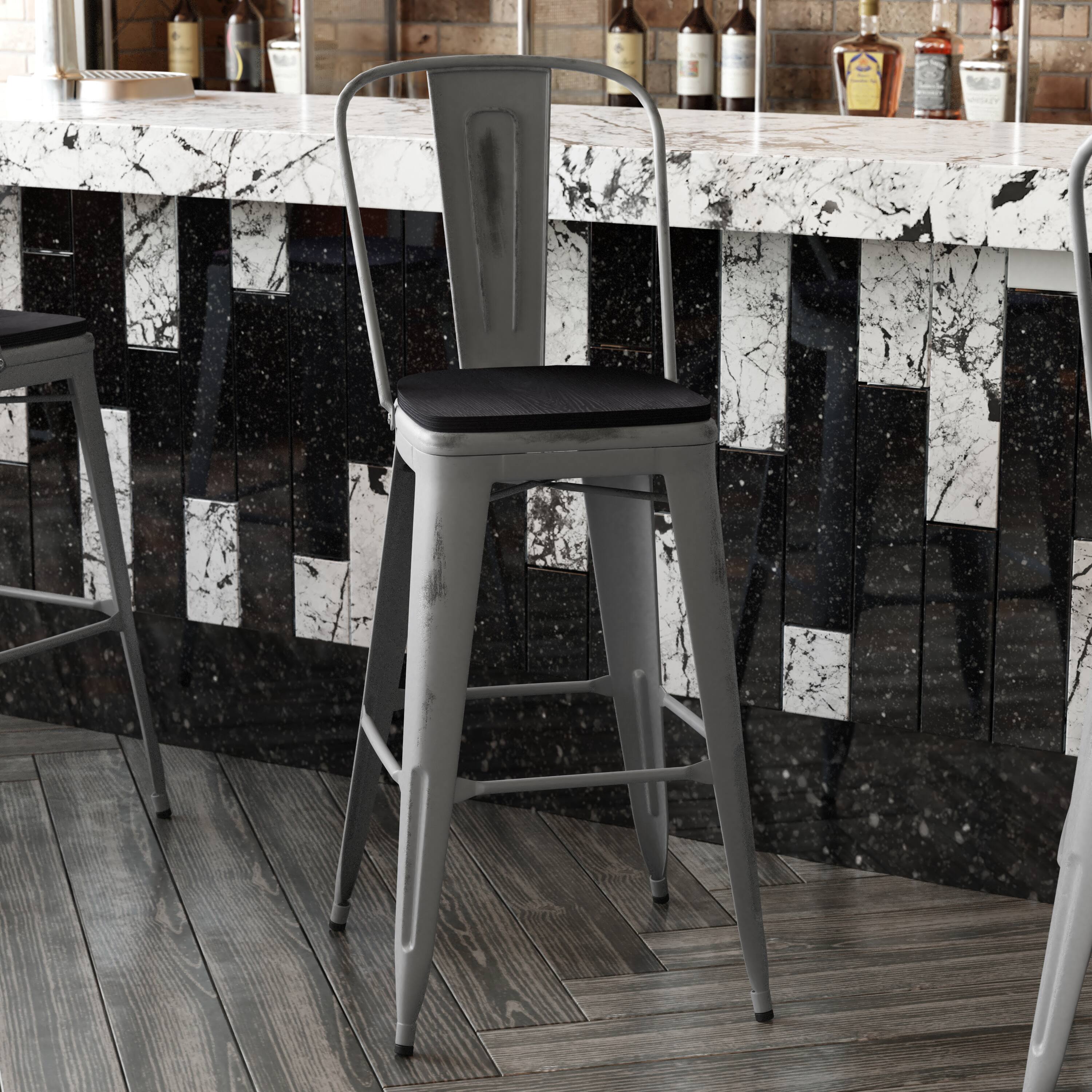 Alt View 4. Emma + Oliver - Grant Clear Coated Metal Stool with Backrest and Polyresin Seat for Indoor Use Only - Black Seat/Clear Coated Frame.