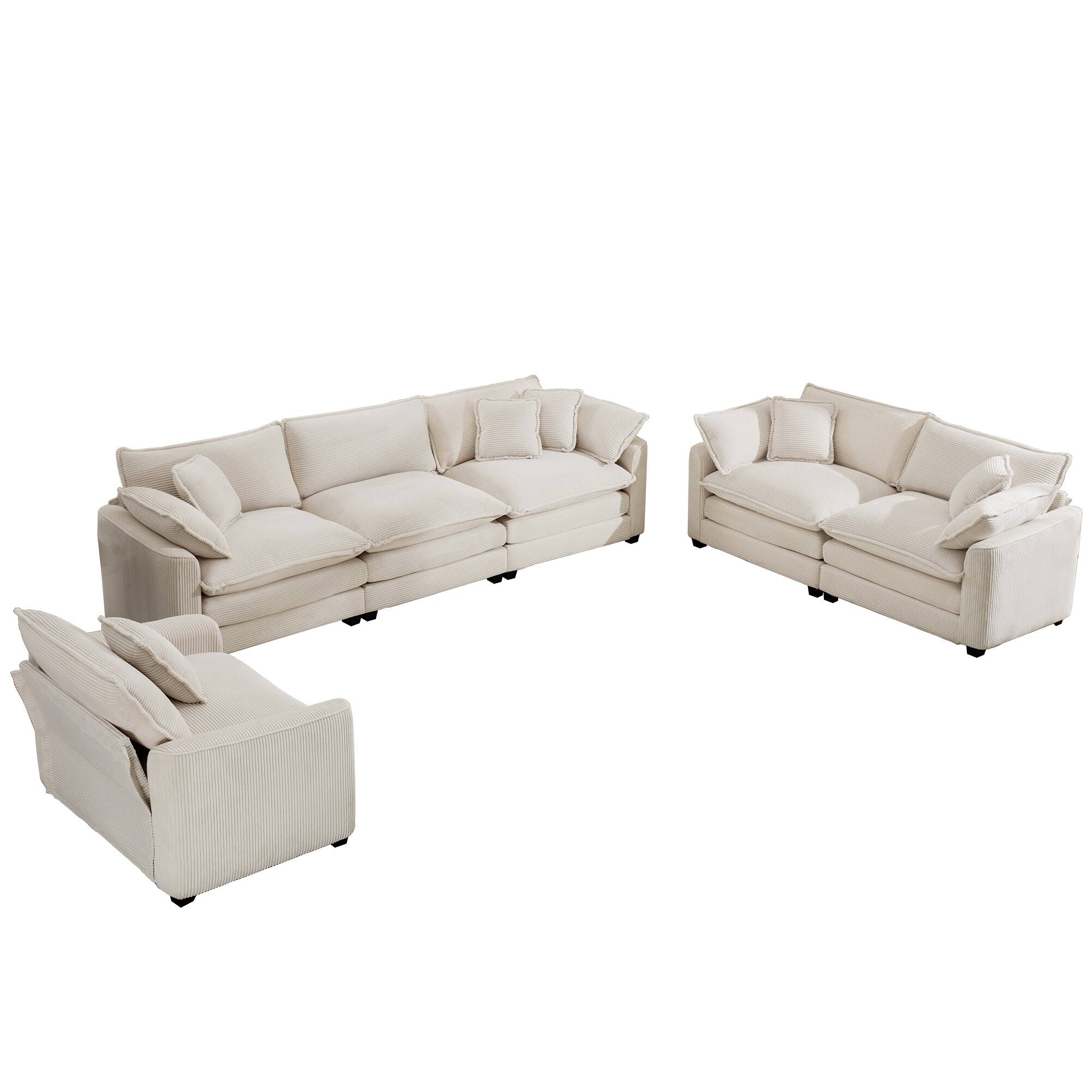 Back. LOVMOR - Set Of 3 Deep Seat Easy Assembly Corduroy Sofa Set Memory Foam For Living Room Bedroom Club Soft Textured Home - Beige.
