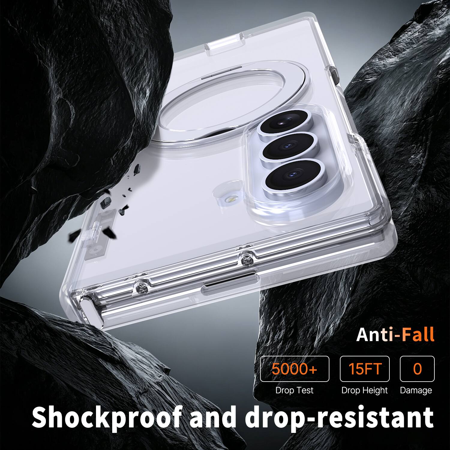 Anti-Fall  
5000+  
15FT  
0  
Drop Test  
Drop Height  
Damage  
Shockproof and drop-resistant