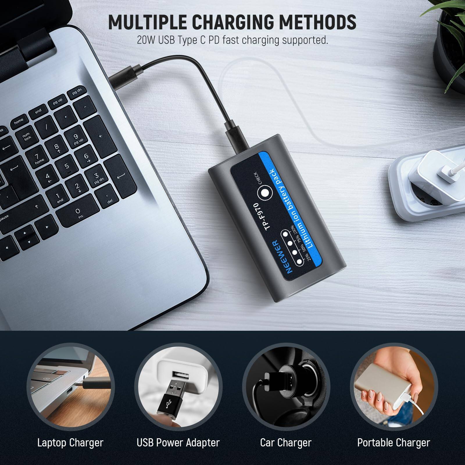 MULTIPLE CHARGING METHODS  
20W USB Type C PD fast charging supported.  

Laptop Charger  
USB Power Adapter  
Car Charger  
Portable Charger