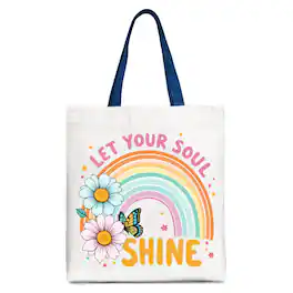 OrnamentallyYou - Let Your Soul Shine Rainbow Tote Bag, Retro Pastel Floral Feel Good Gift Shopper - White Navy