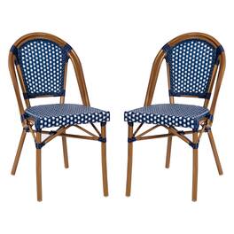 Emma + Oliver - Soie Stacking Bistro Chairs with PE Seat and Back and Aluminum Frame for Indoor/Outdoor Use - Navy & White/Natural Frame