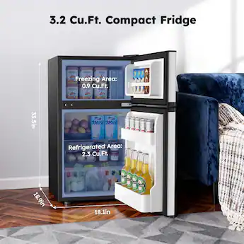 SIMZLIFE - 3.2 Cu ft Two-Door Mini Refrigerator with Freezer, Compact Design & Adjustable Removable Shelves