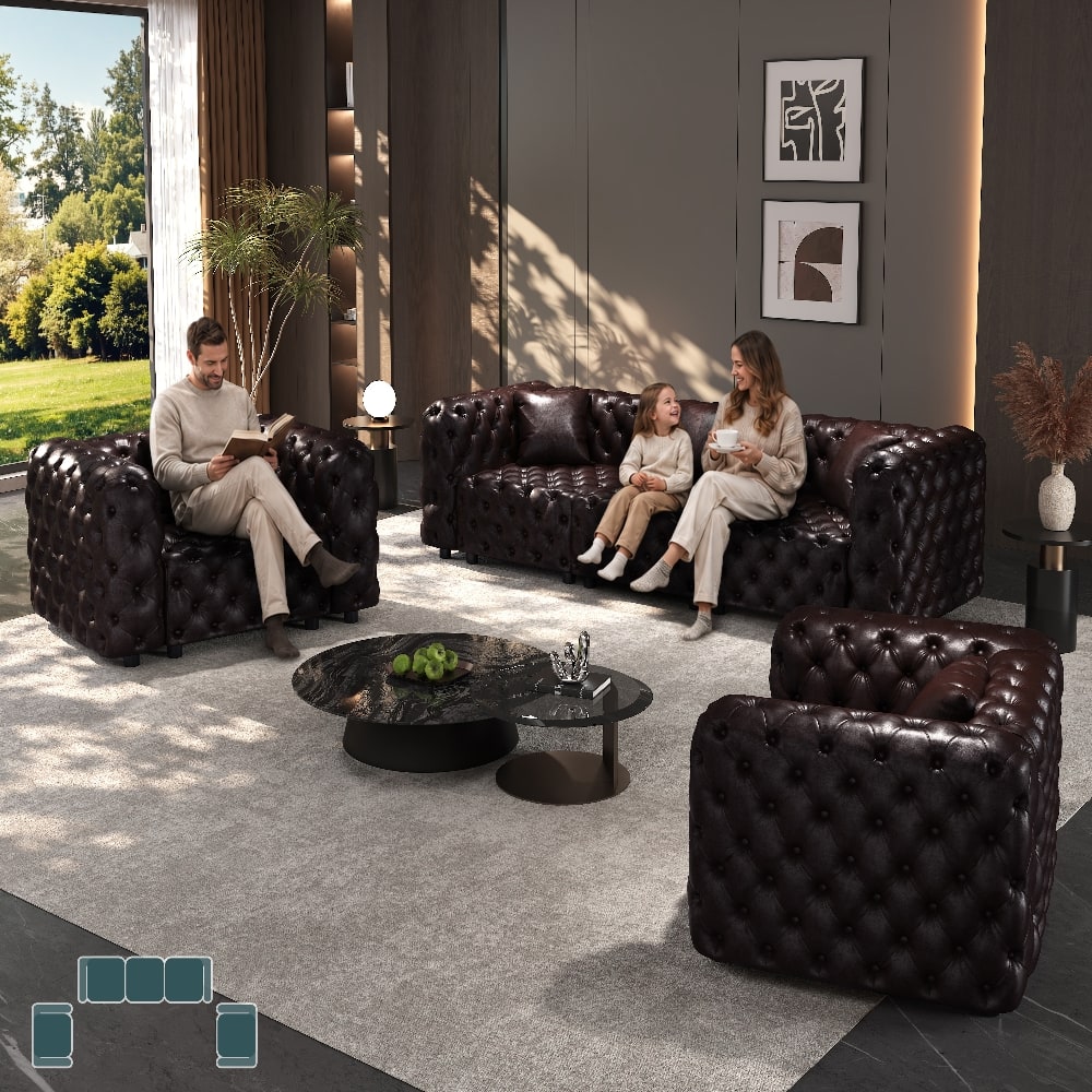 Loheer - Modern Modular Sofa Set, Faux Leather 5-Seater Sectional Couch, Button Tufted Dark Brown - Dark Brown