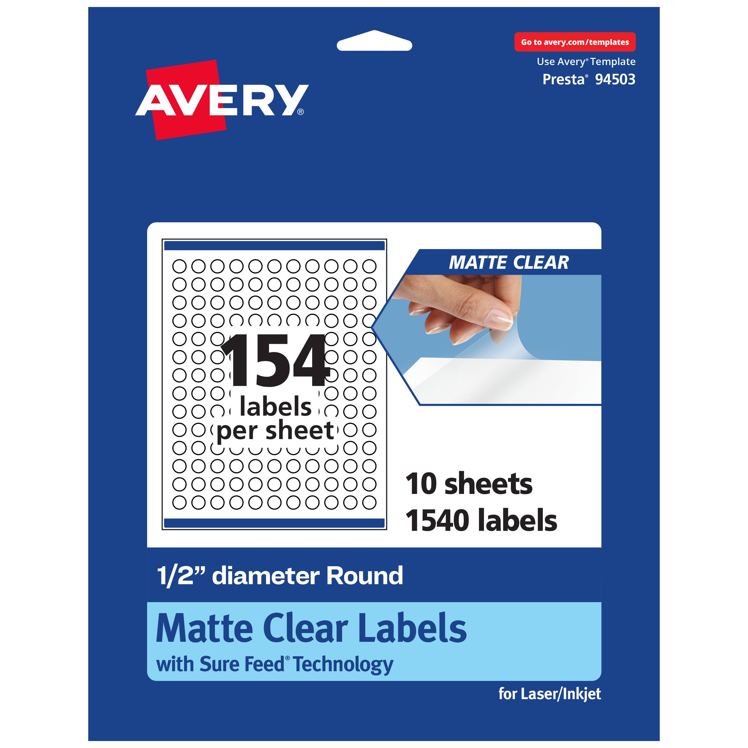 Go to avery.com/templates

Use Avery Template Presta 94503

MATTE CLEAR

154 labels per sheet

10 sheets

1540 labels

1/2" diameter Round Matte Clear Labels with Sure Feed Technology for Laser/Inkjet