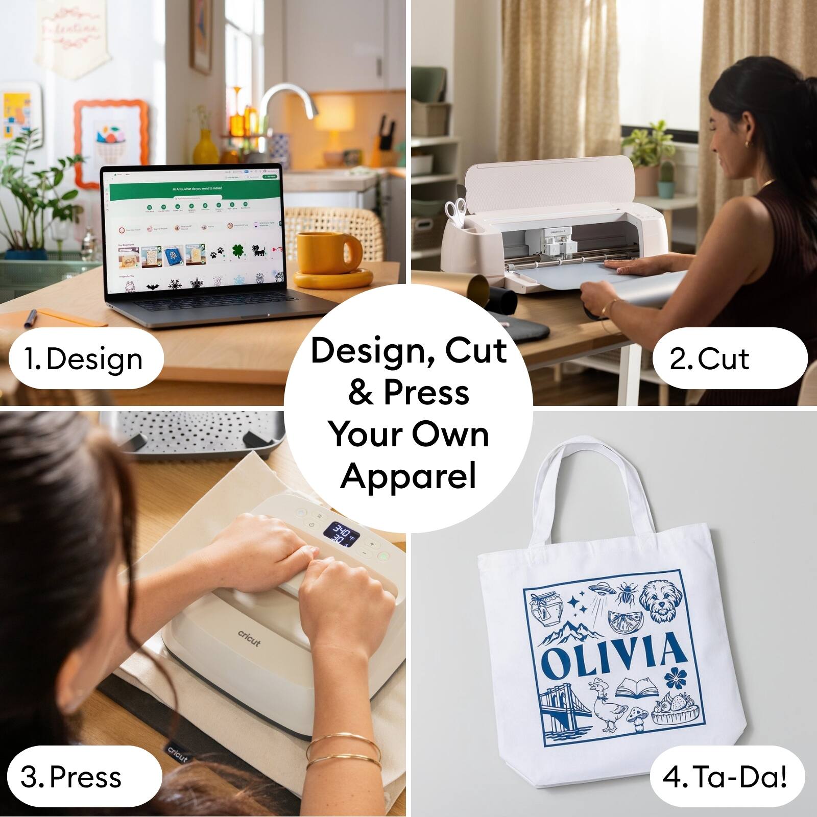 1. Design  
2. Cut  
3. Press  
4. Ta-Da!  

Design, Cut & Press Your Own Apparel