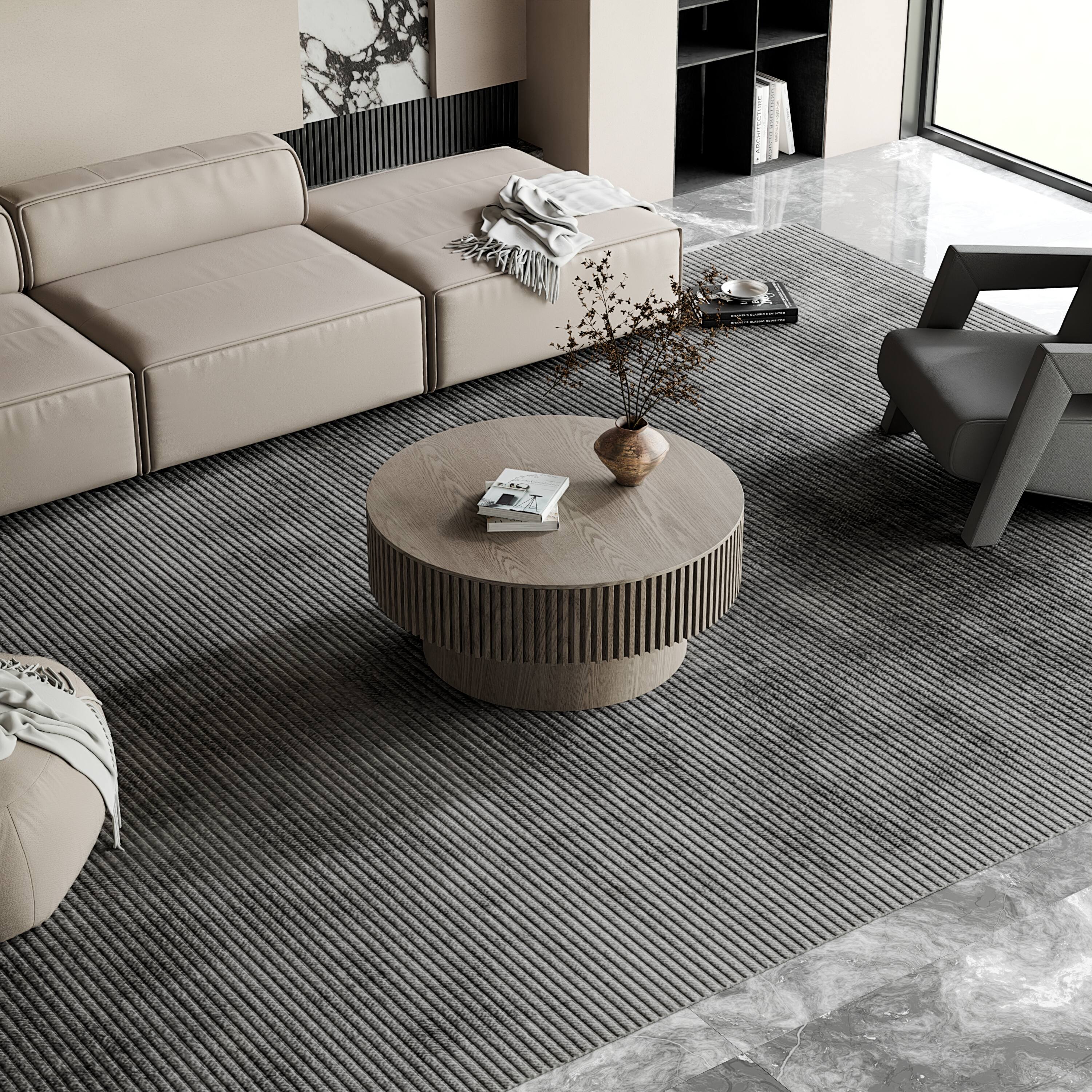 Left. Loheer - Loheer 31.5 Inch Round Coffee Table with Storage Modern Grey Solid Wood Veneer Living Room Table - Grey.