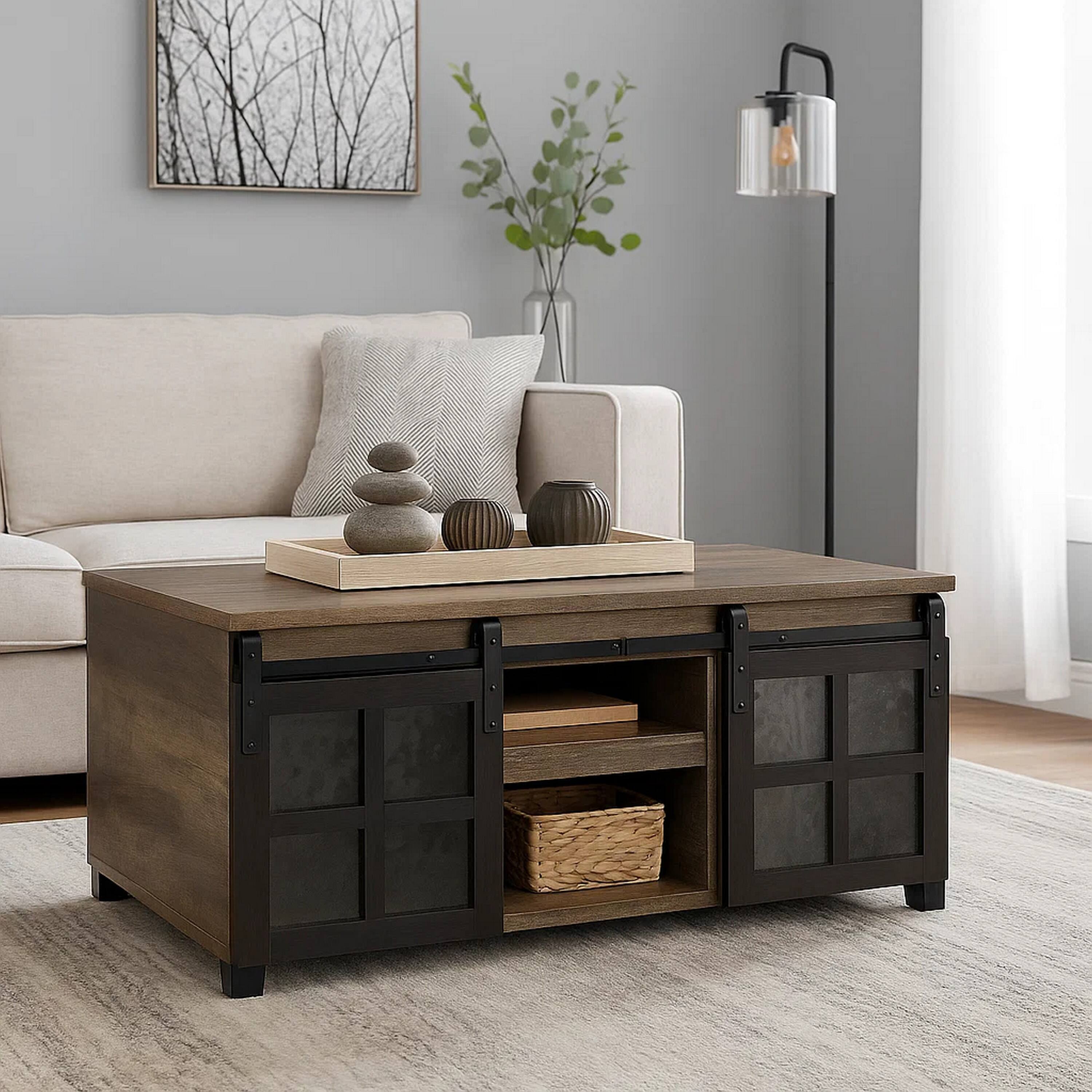 Alt View 6. Manhattan Lane - Coffee Table with 2 Barn Sliding Glass Doors and Pull Out Tray - Brown.