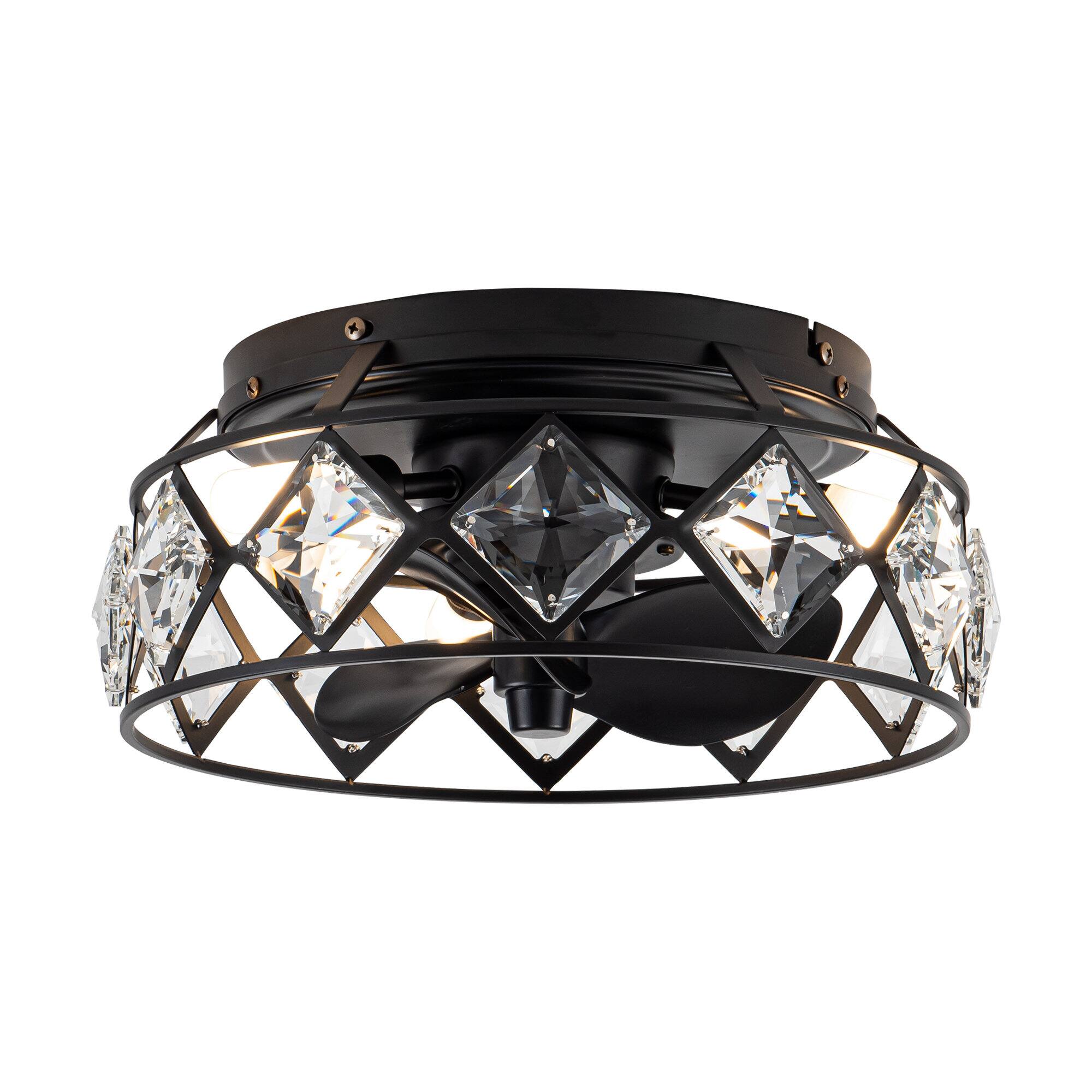 Front. Parrot Uncle - 12" Modern Black Crystal Ceiling Fan with LED Light and Remote - Matte Black.